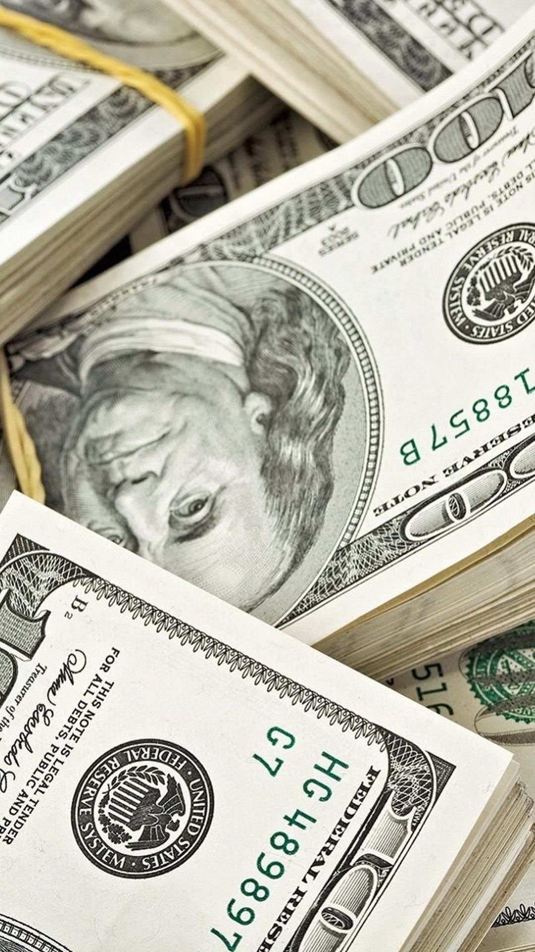 Benjamin Franklin portrait, US hundred-dollar banknote stacks, Rubber-banded cash bundles, Full HD Phone wallpaper