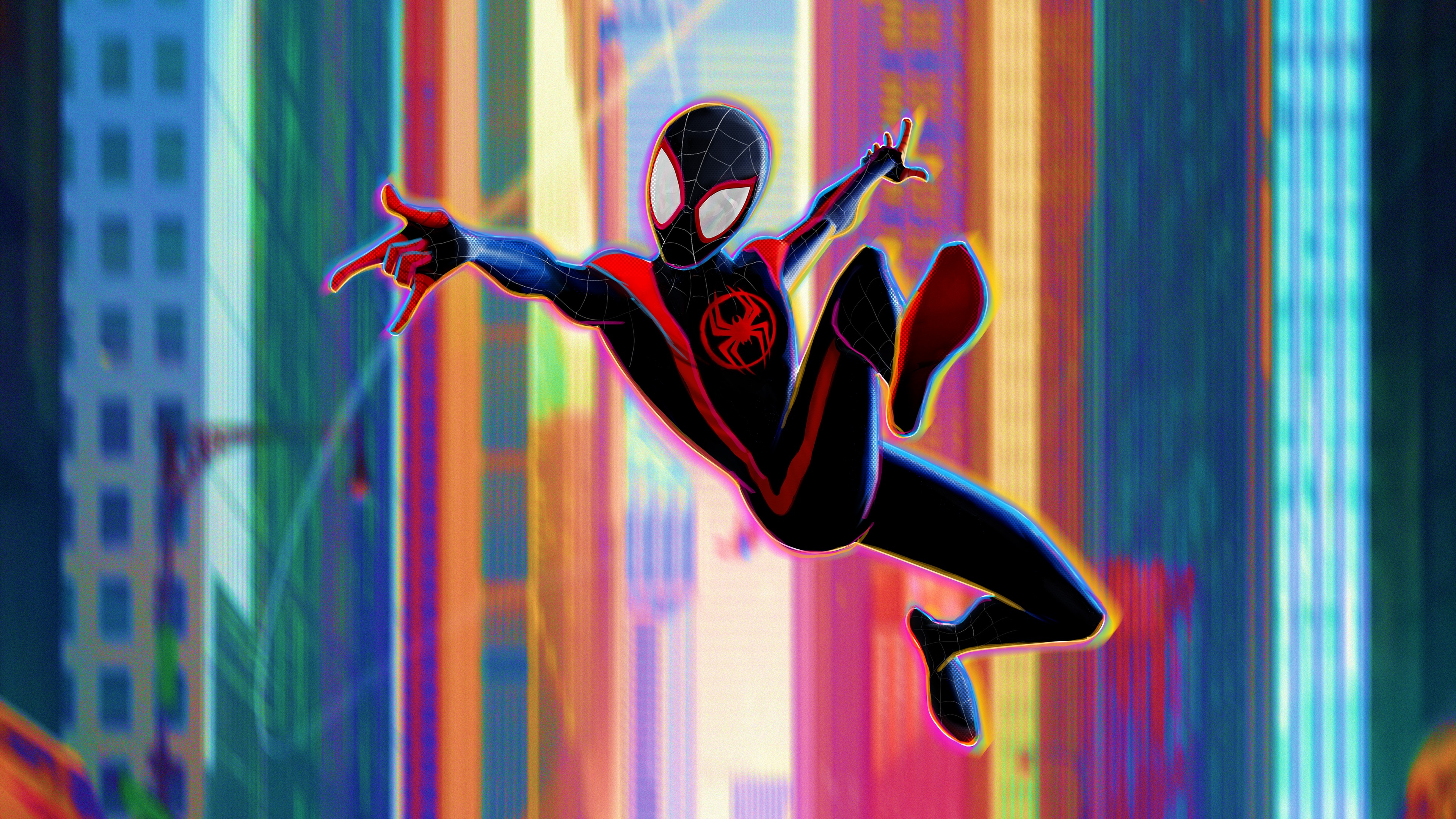 Across the Spider-Verse, Black and red suit, Miles Morales, Spider-Man, Colorful vertical cityscape, 4K Desktop wallpaper