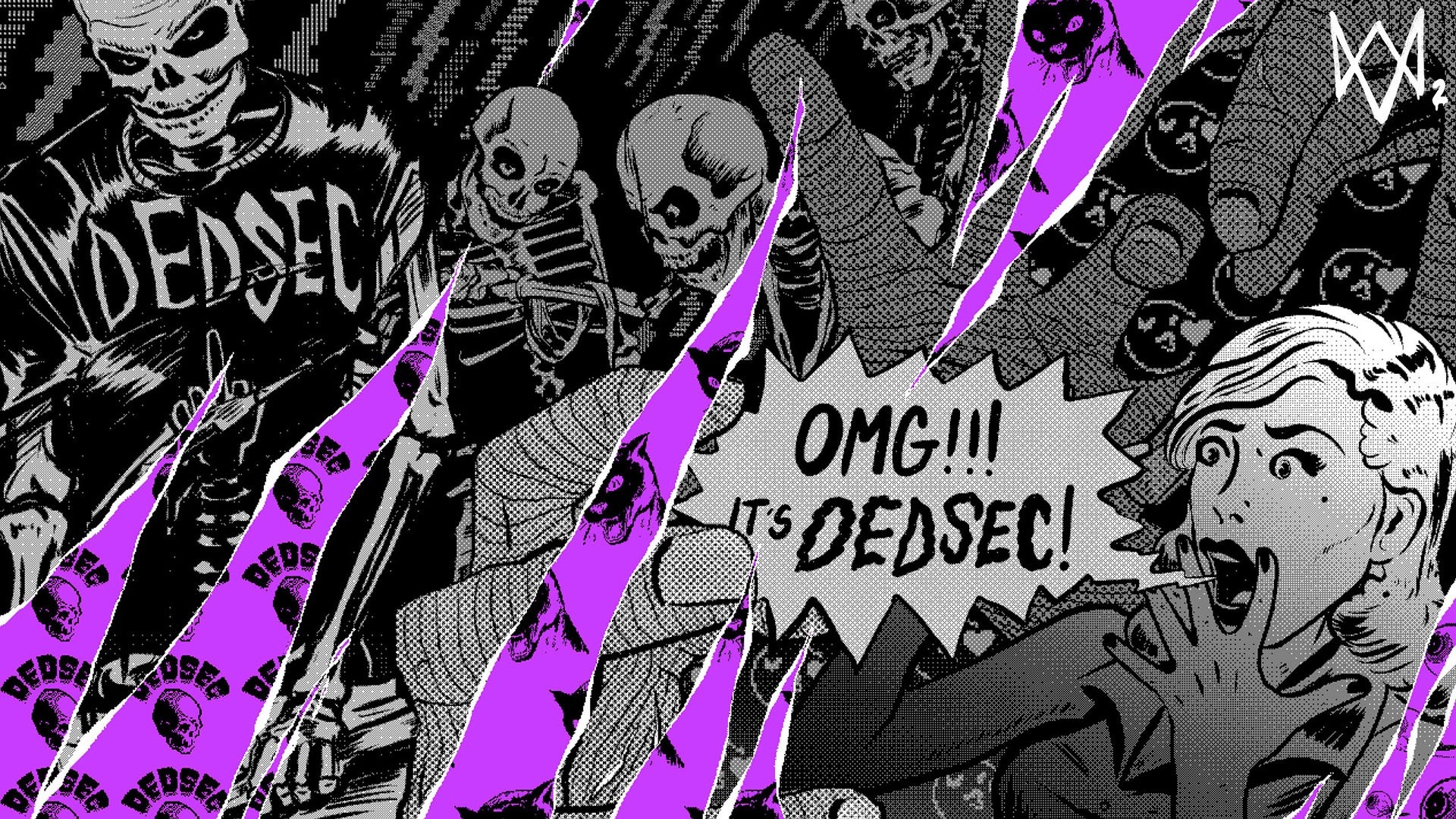 Watch Dogs 2 logo, OMG IT'S DEDSEC text, DedSec skeletons, shocked pop art woman, Full HD Desktop wallpaper