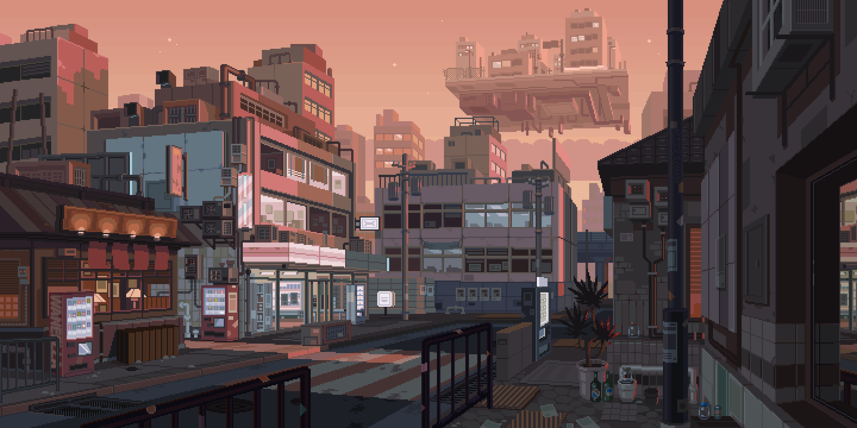 floating sci-fi city, Japanese street corner, pixel art vending machines, Dual Screen Desktop wallpaper