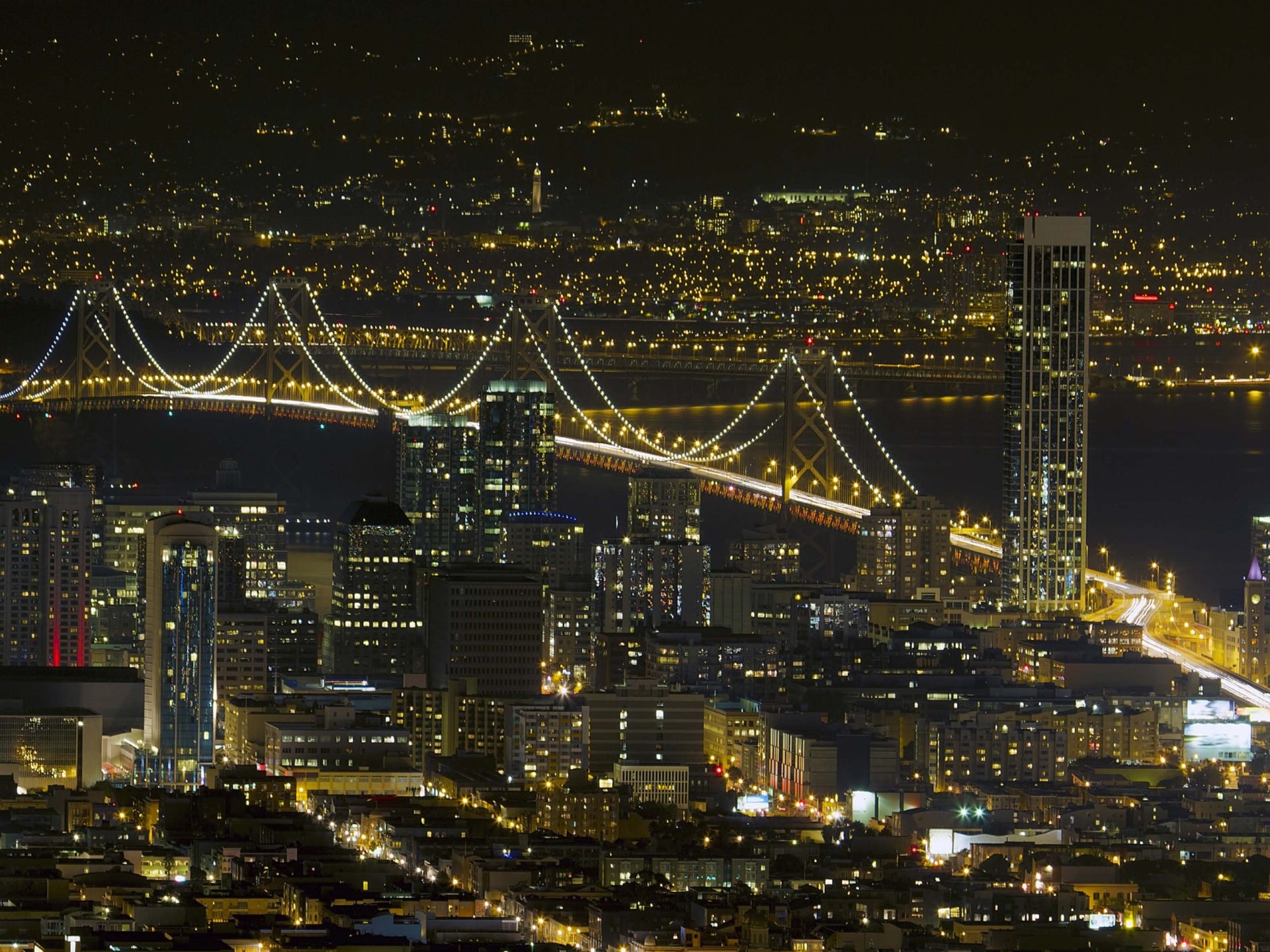 San Francisco Travels, Oakland Bay Bridge, Night scene, City skyline, 1920x1440 HD Desktop