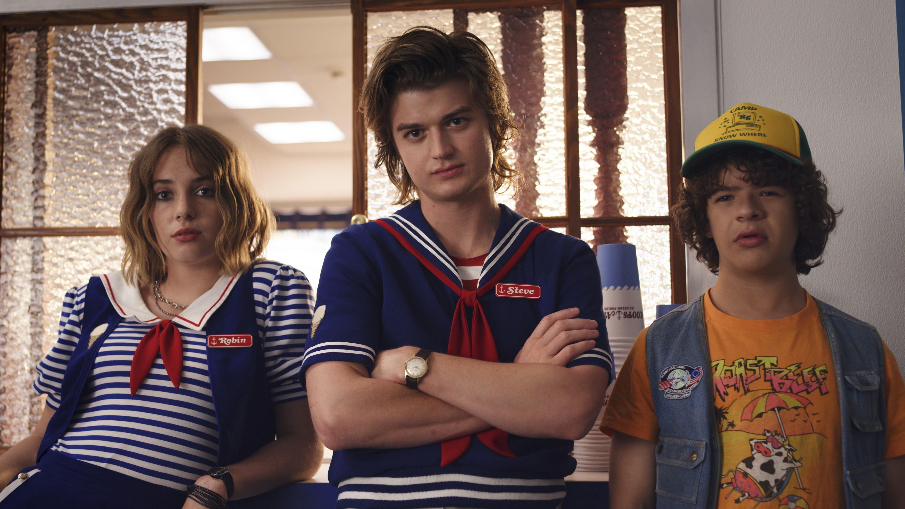 Steve Harrington, Robin Buckley, Dustin Henderson, Scoops Ahoy sailor uniform, Stranger Things, 4K Desktop wallpaper