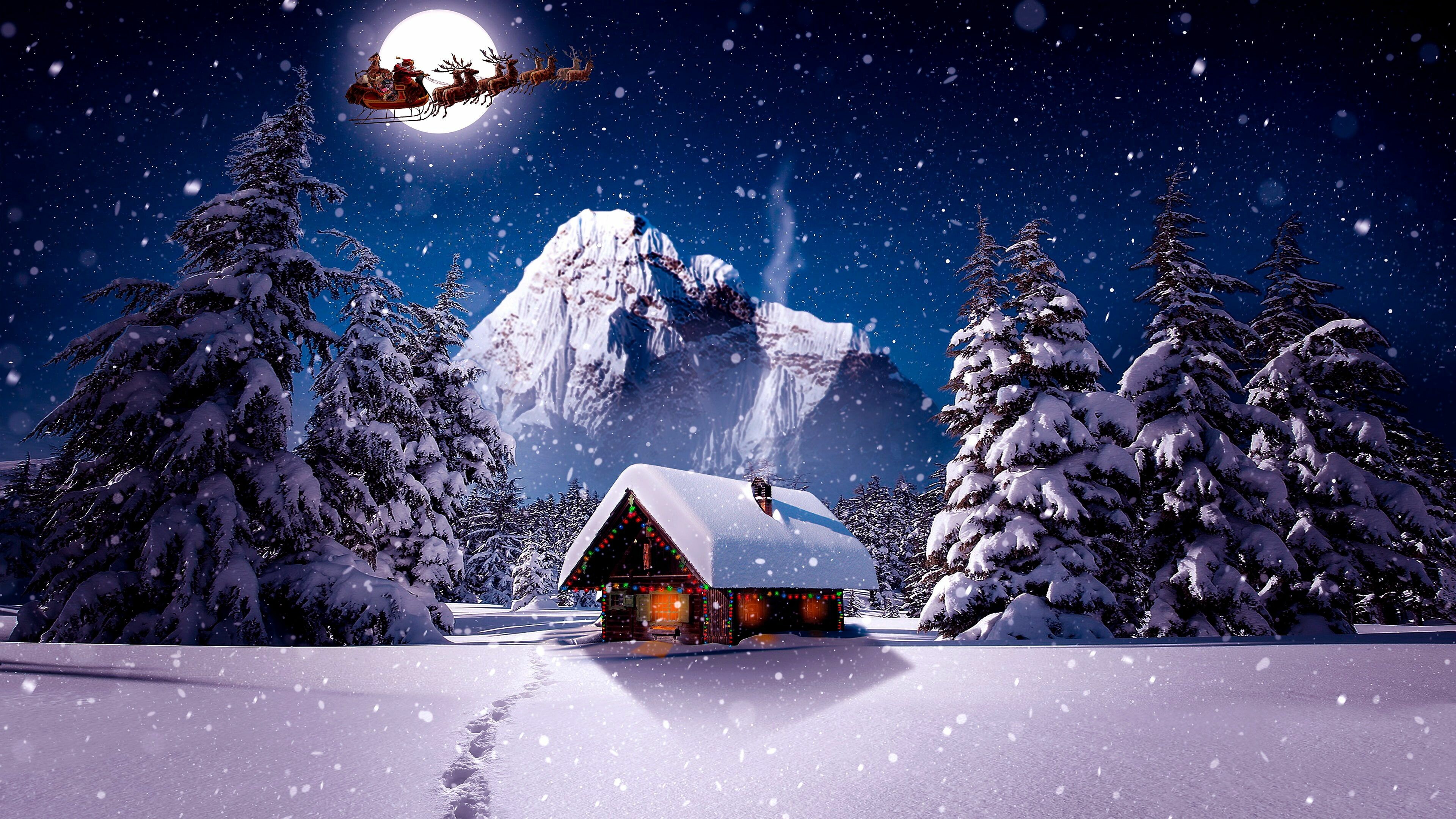 Winter Santa Claus, Snowing moon, Log cabin house, Festive Christmas night, 3840x2160 4K Desktop