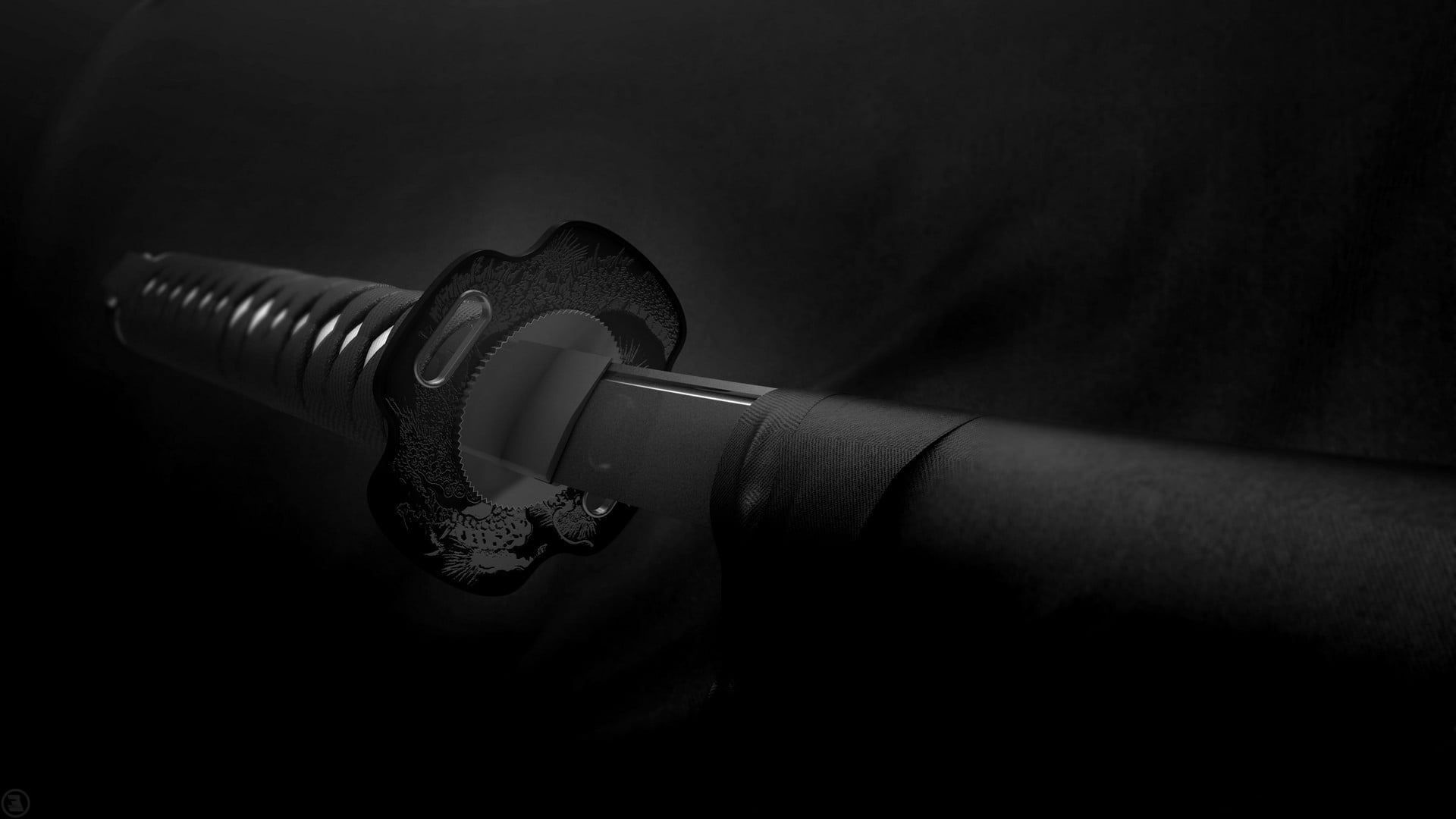 Japanese katana sword, Engraved dragon tsuba, Tsuka-ito hilt wrap, Full HD Desktop wallpaper