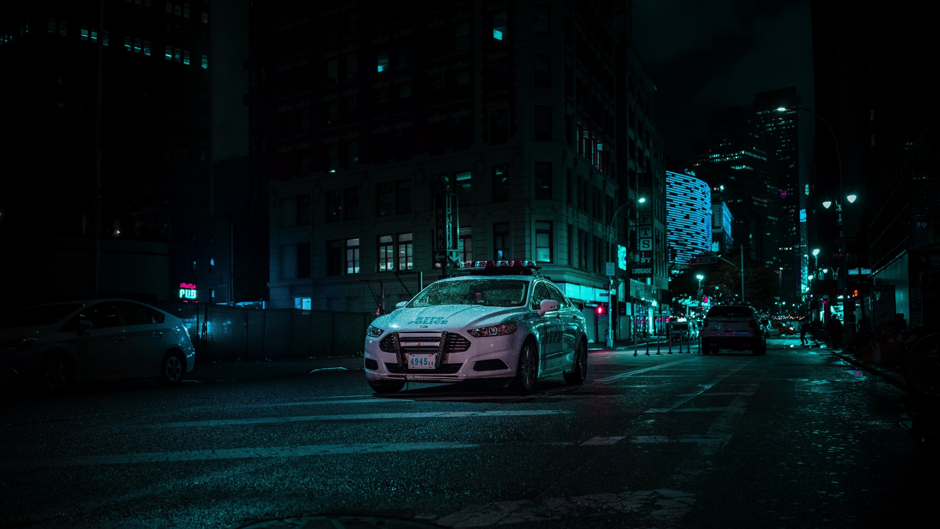 NYPD Ford Fusion cruiser, New York City street, Cyan neon city lights, 4K Desktop wallpaper