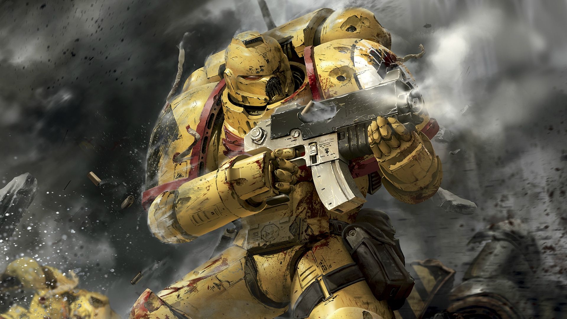 Imperial Fists Space Marine, Firing Astartes Bolter, Battle-damaged Power Armour, Full HD Desktop wallpaper