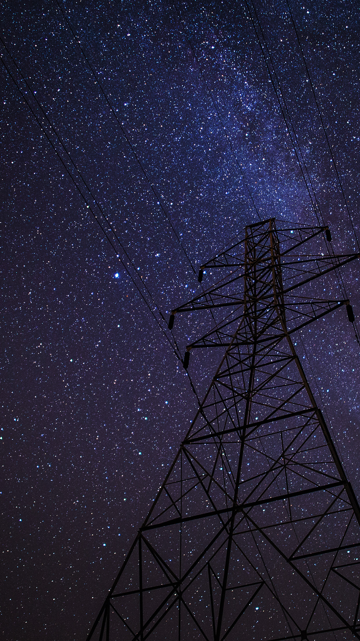 lattice electricity pylon, overhead power lines, Milky Way starfield, HD Phone wallpaper