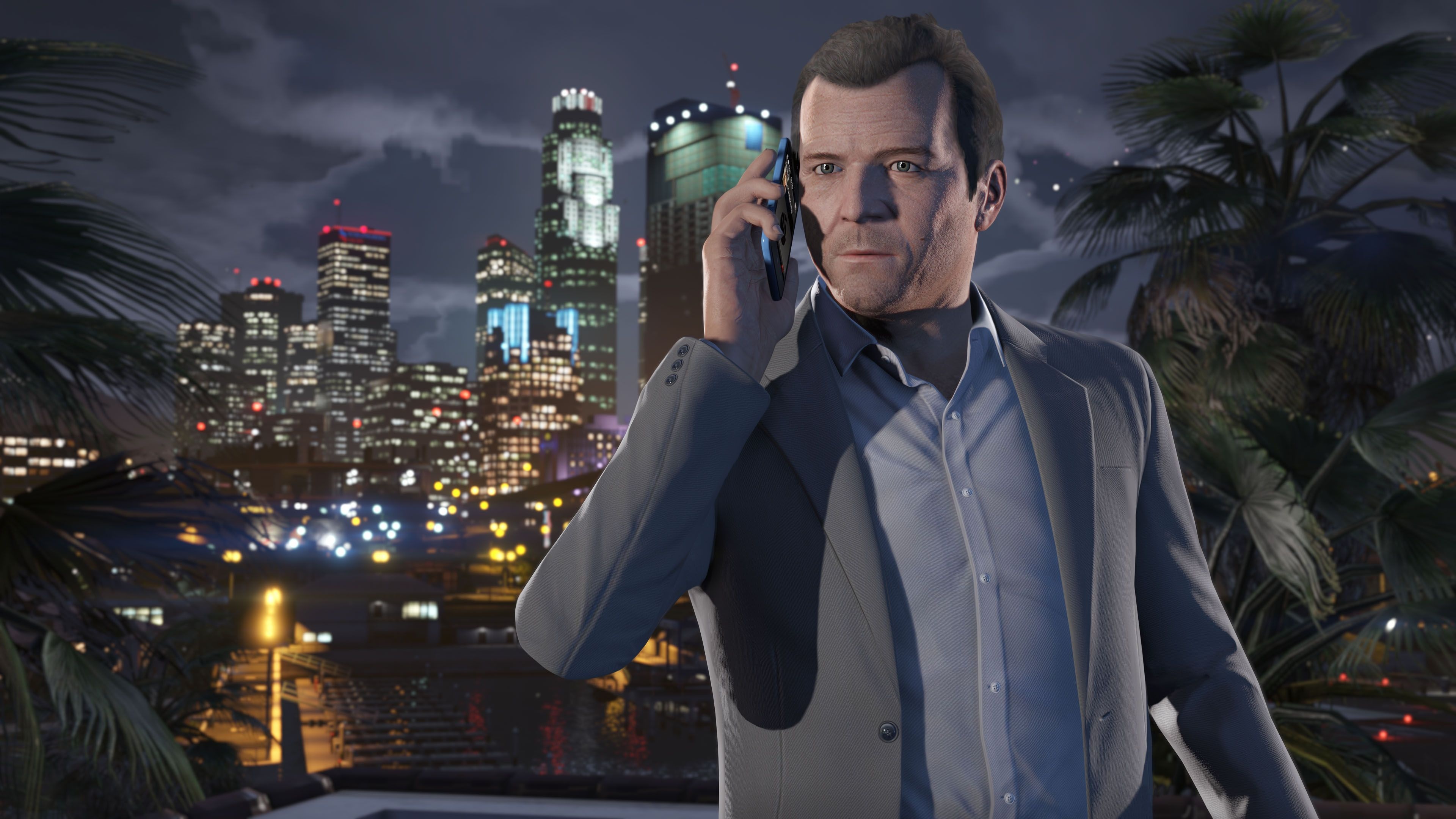 Michael De Santa on cellphone, Light grey suit, Los Santos night skyline, Grand Theft Auto V render, 4K Desktop wallpaper