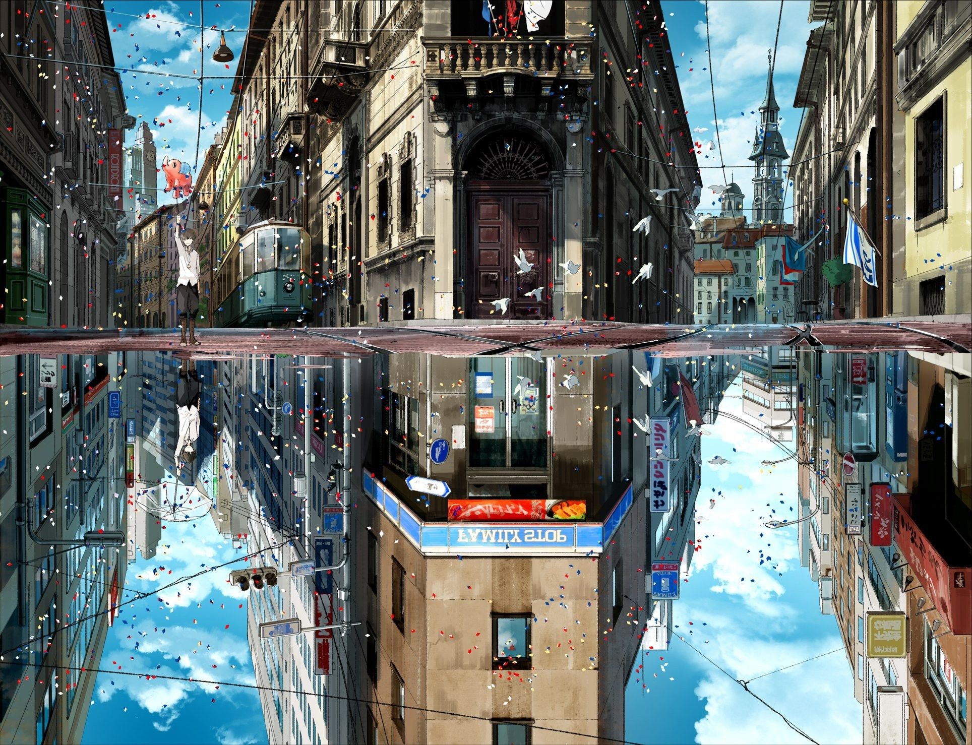 mirrored parallel cityscapes, vintage green streetcar tram, inverted modern Tokyo street, falling colorful confetti petals, HD Desktop wallpaper