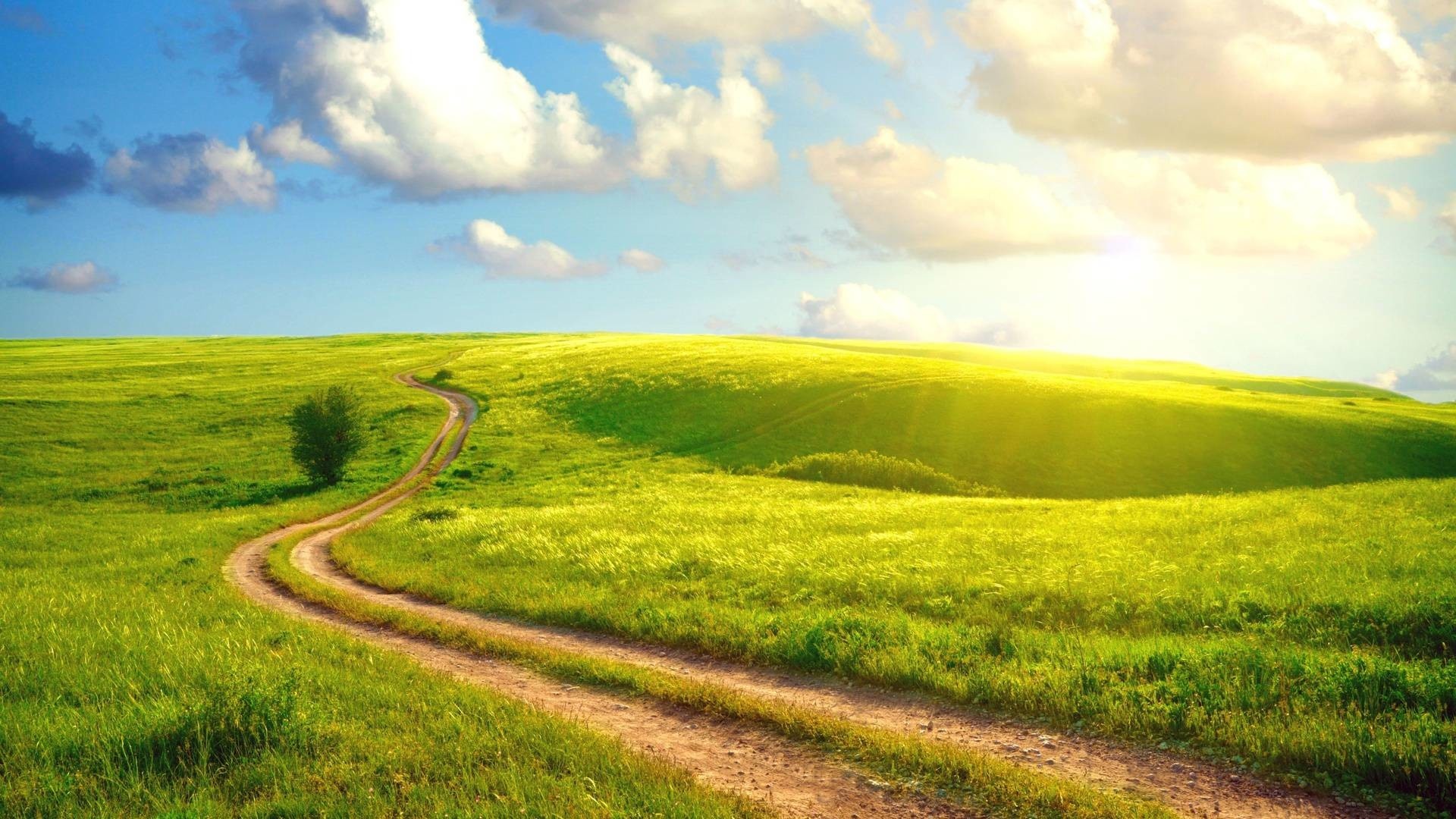 winding dirt country road, rolling green grass hills, sunlit cloudy blue sky, Full HD Desktop wallpaper