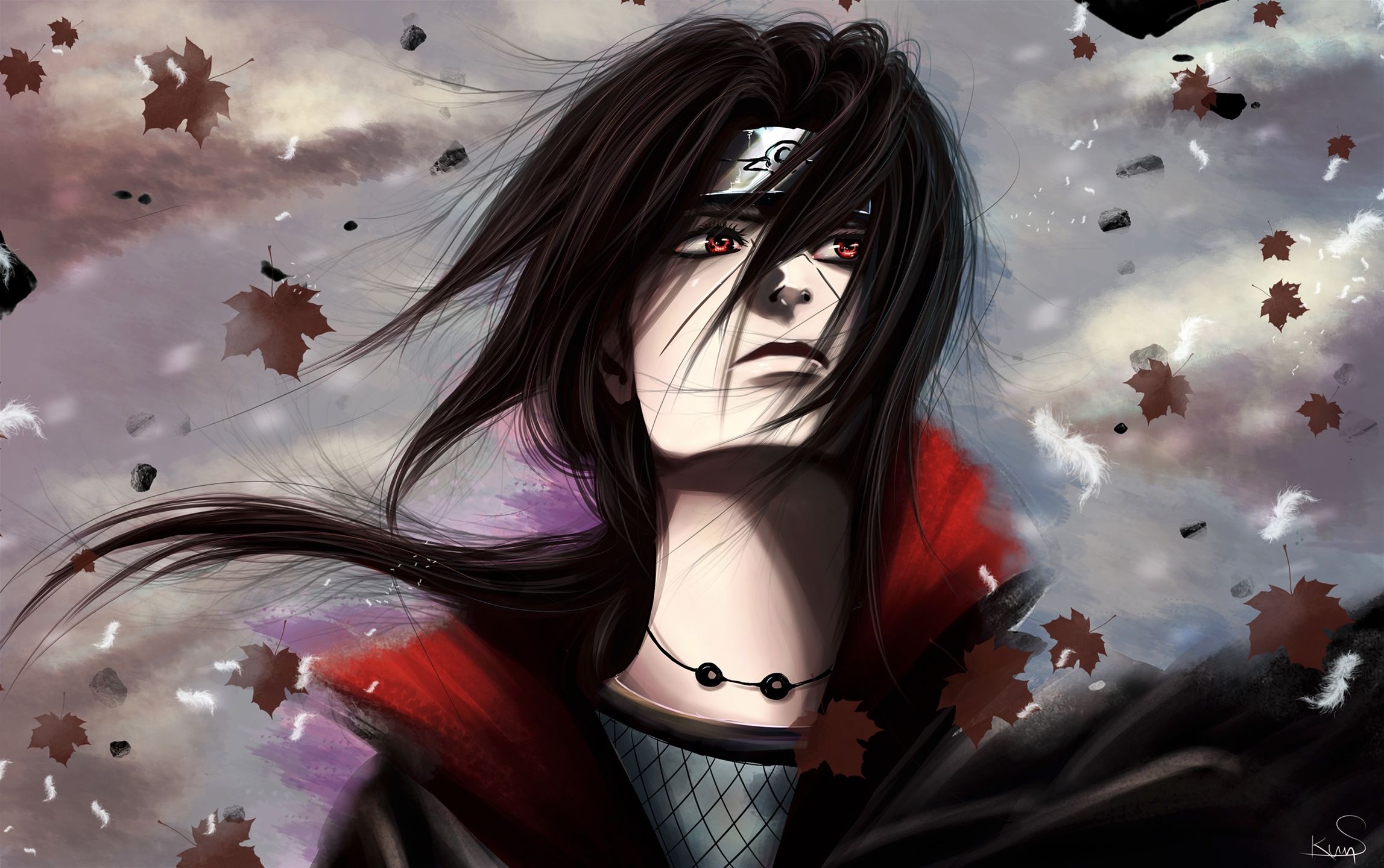 Itachi Uchiha, slashed Hidden Leaf headband, falling autumn leaves, HD Desktop wallpaper