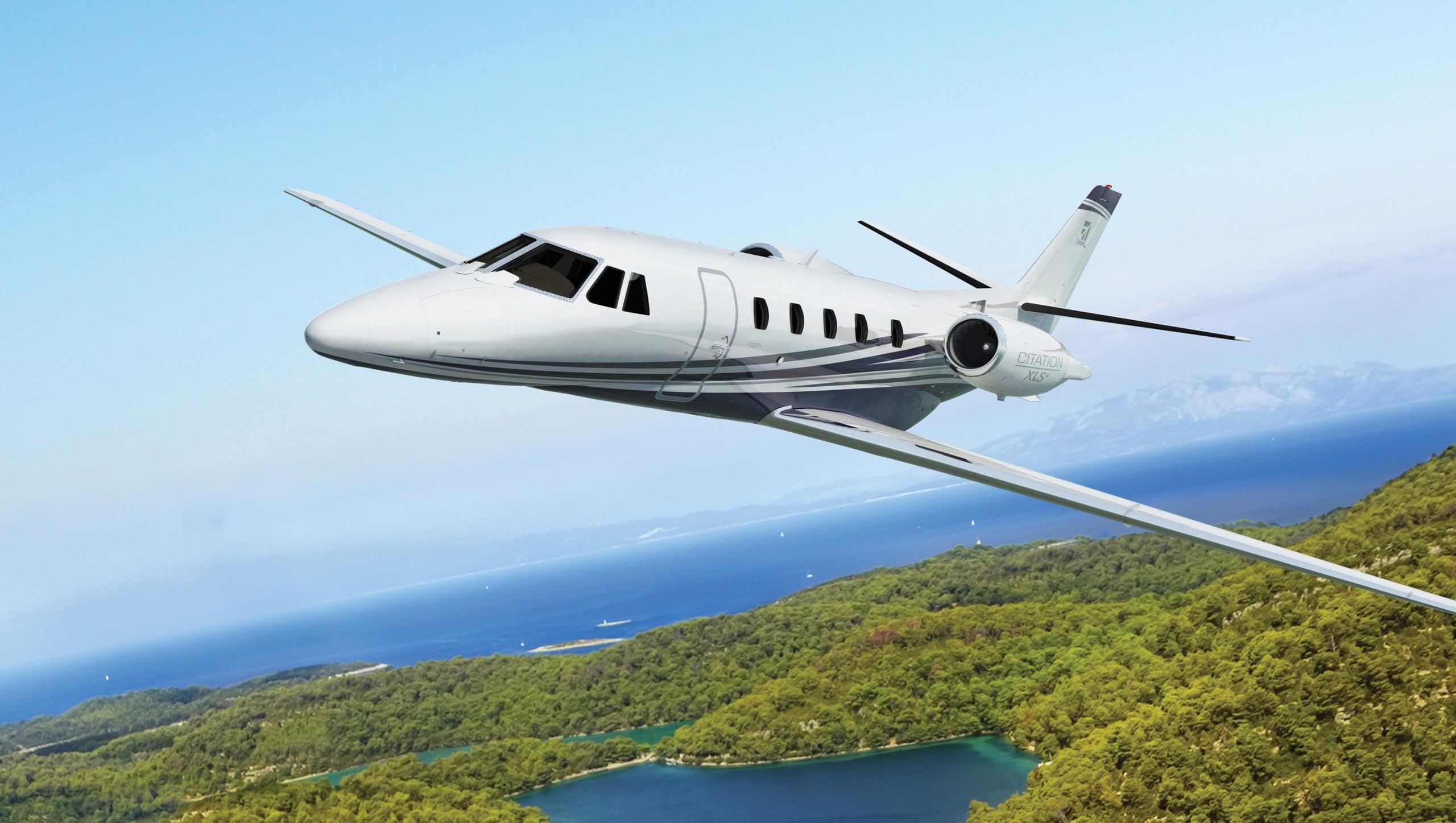Cessna Citation XLS+, Forested coastal islands, Clear blue sky, HD Desktop wallpaper