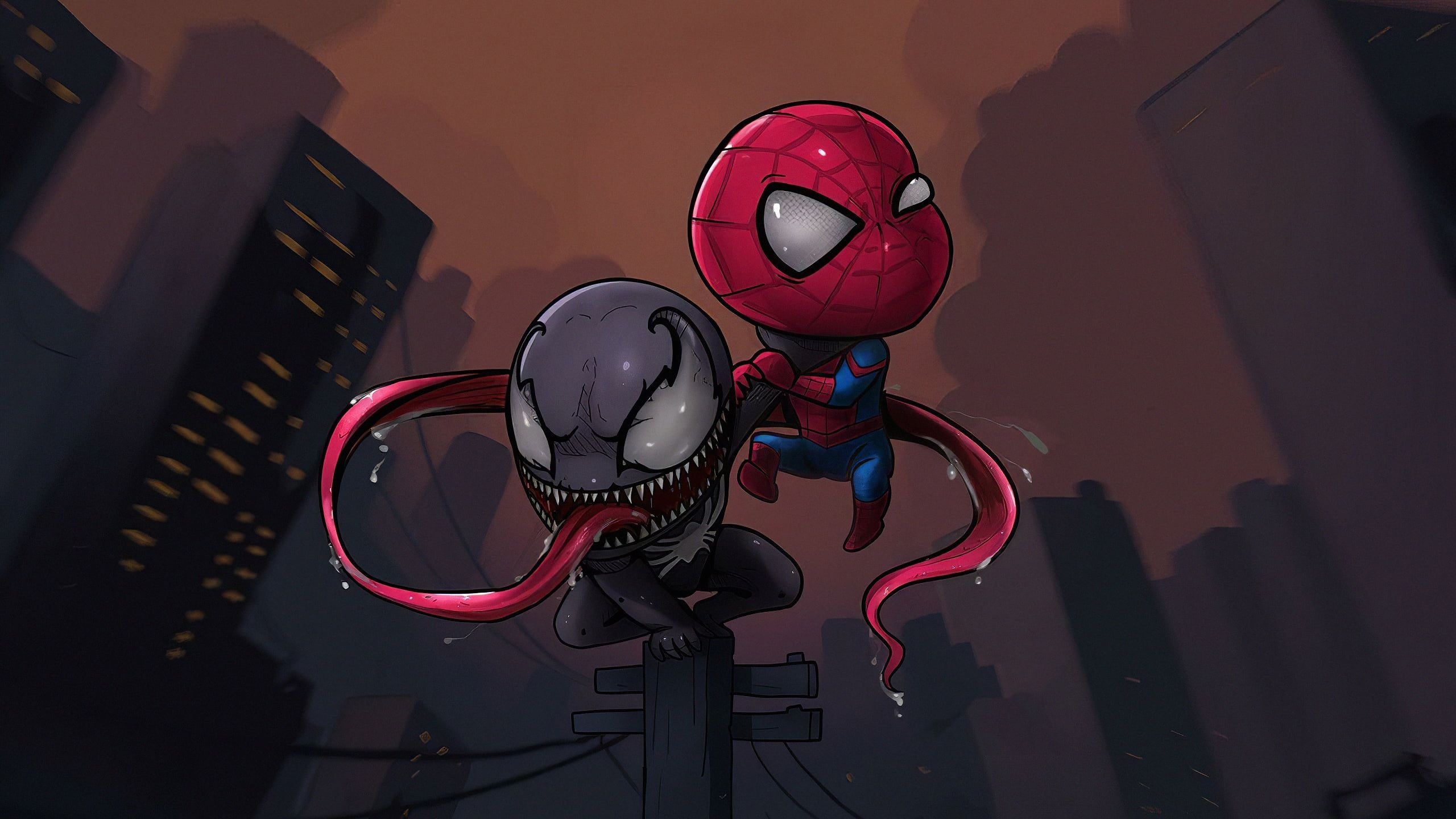 Chibi Spider-Man, Chibi Venom, City skyline backdrop, HD Desktop wallpaper