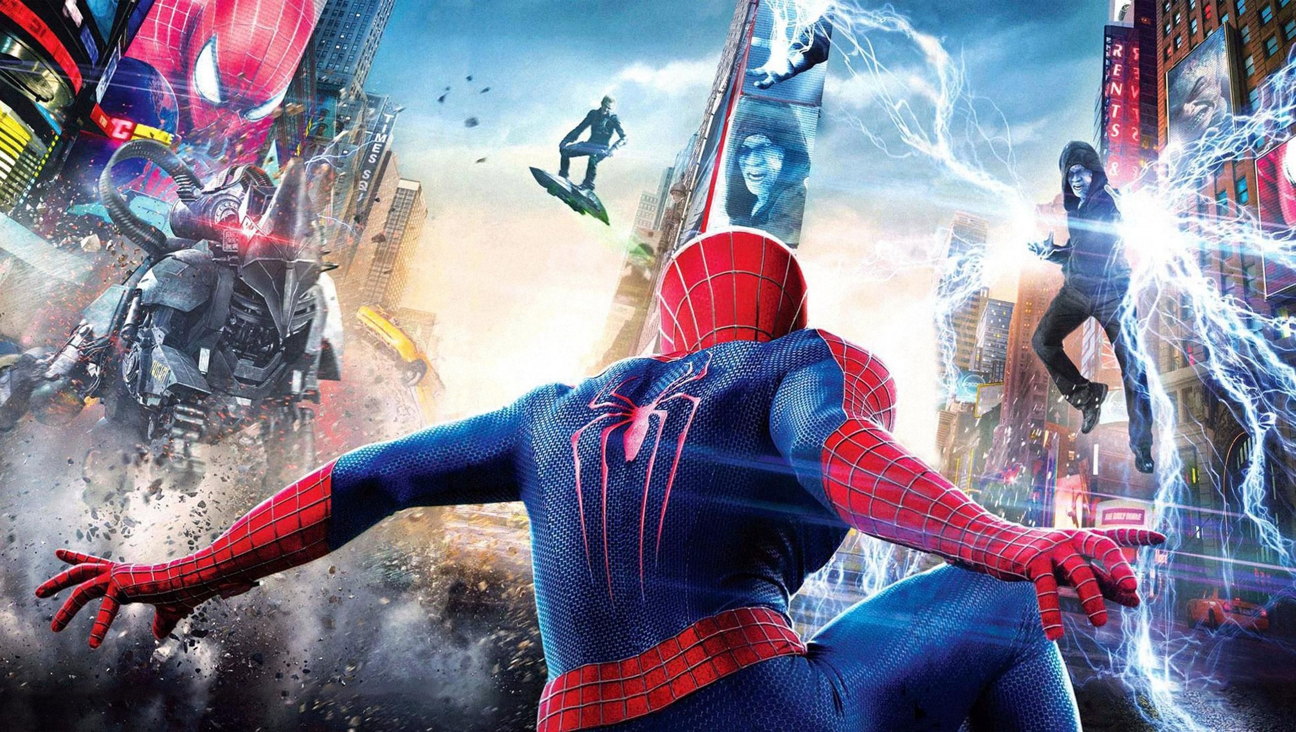 The Amazing Spider-Man, Electro, Rhino mech suit, Green Goblin, Times Square, HD Desktop wallpaper