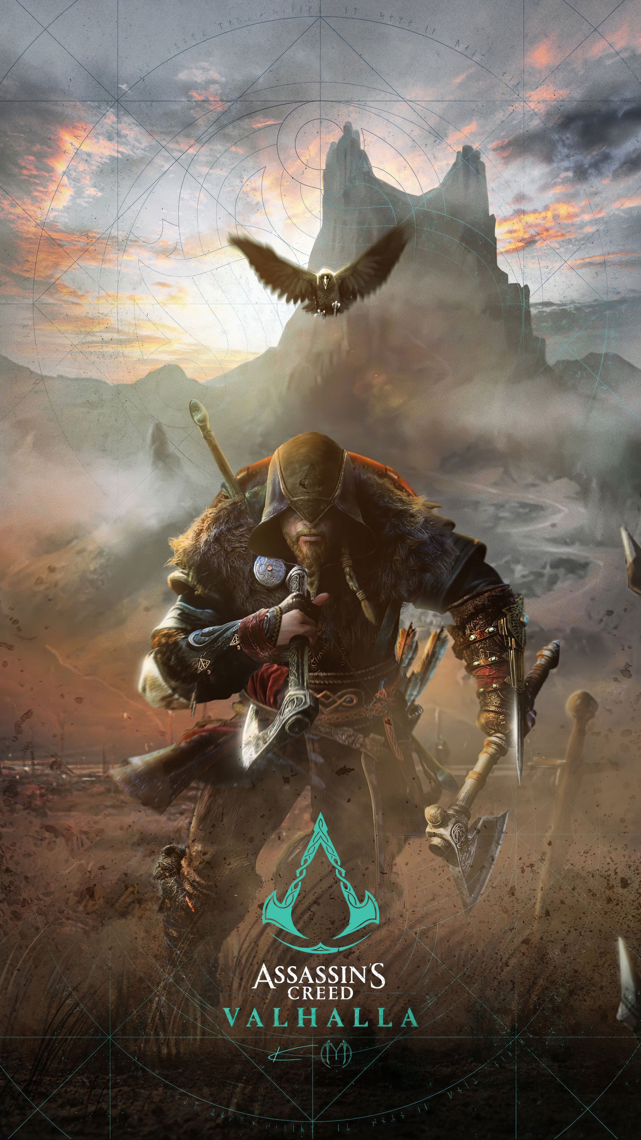 Eivor Varinsdottir, Synin the raven, Assassin's Creed Valhalla logo, 4K Phone wallpaper