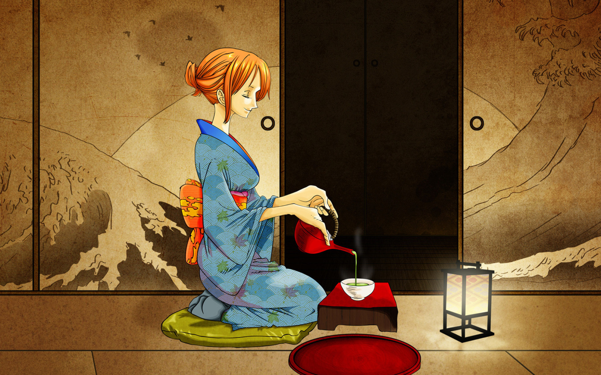 Nami, Japanese tea ceremony, blue patterned kimono, HD Desktop wallpaper