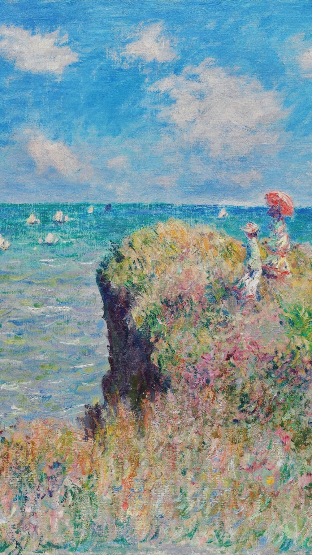 Cliff Walk at Pourville, woman with red parasol, sailboats on sea, Full HD Phone wallpaper