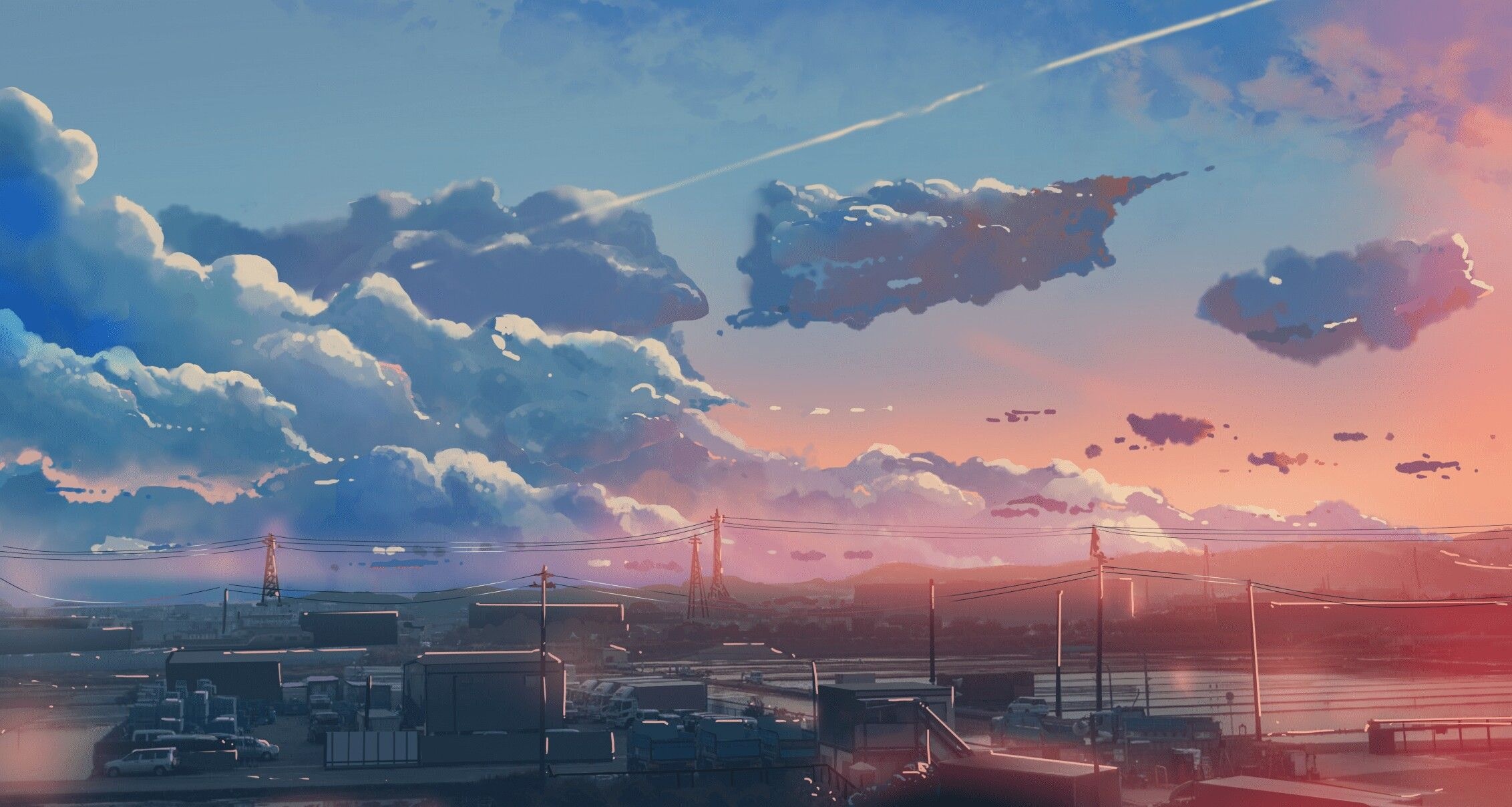 sunset cumulus clouds, airplane contrail, utility poles and powerlines, HD Desktop wallpaper