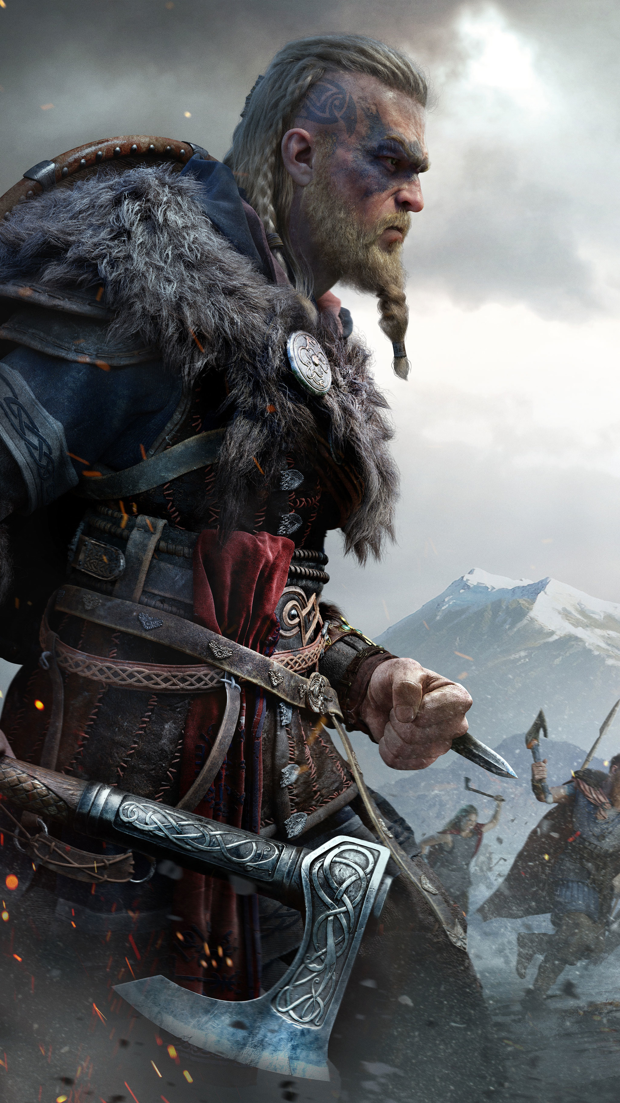 Male Eivor, Carved Viking bearded axe, Snowy mountain battlefield, 4K Phone wallpaper