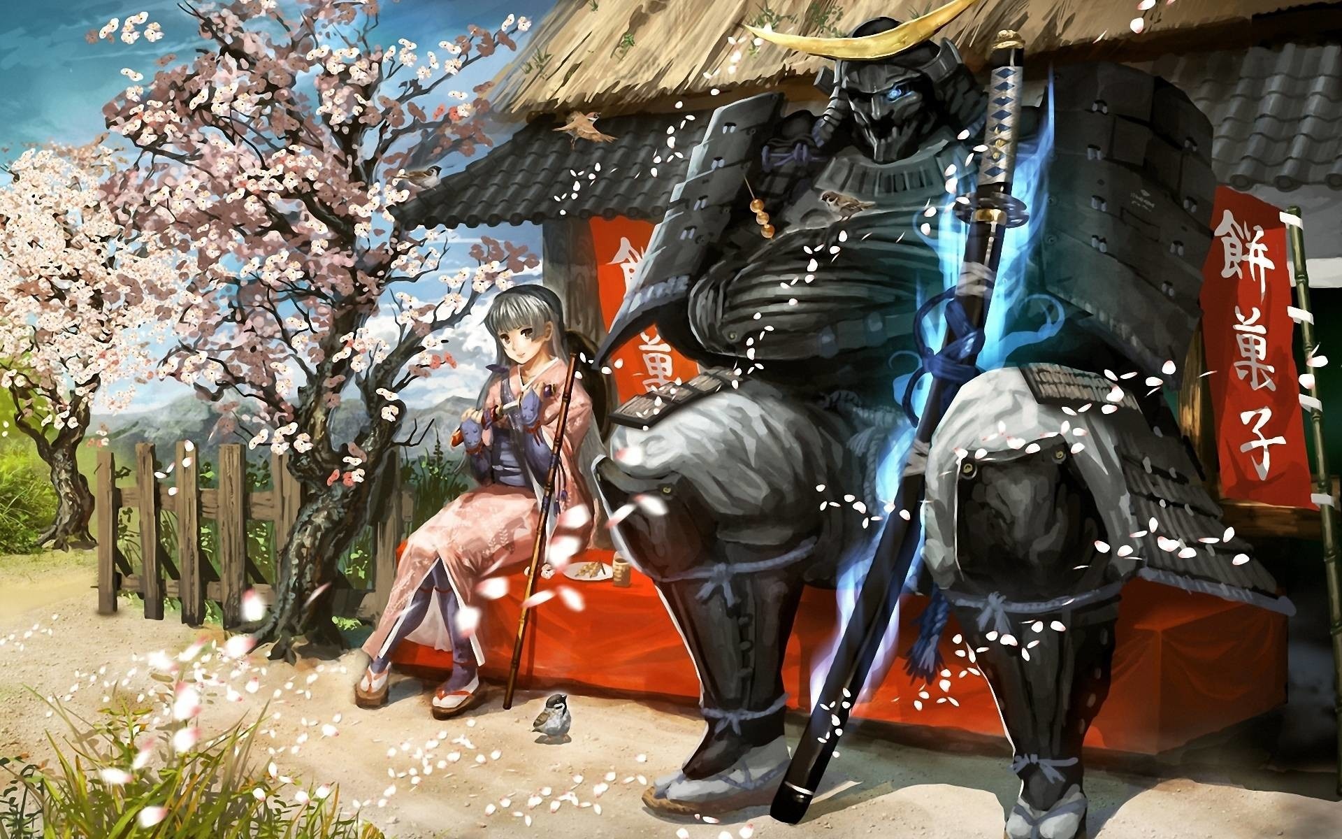 giant armored samurai, anime girl in kimono, blooming cherry blossom tree, flaming blue katana, HD Desktop wallpaper
