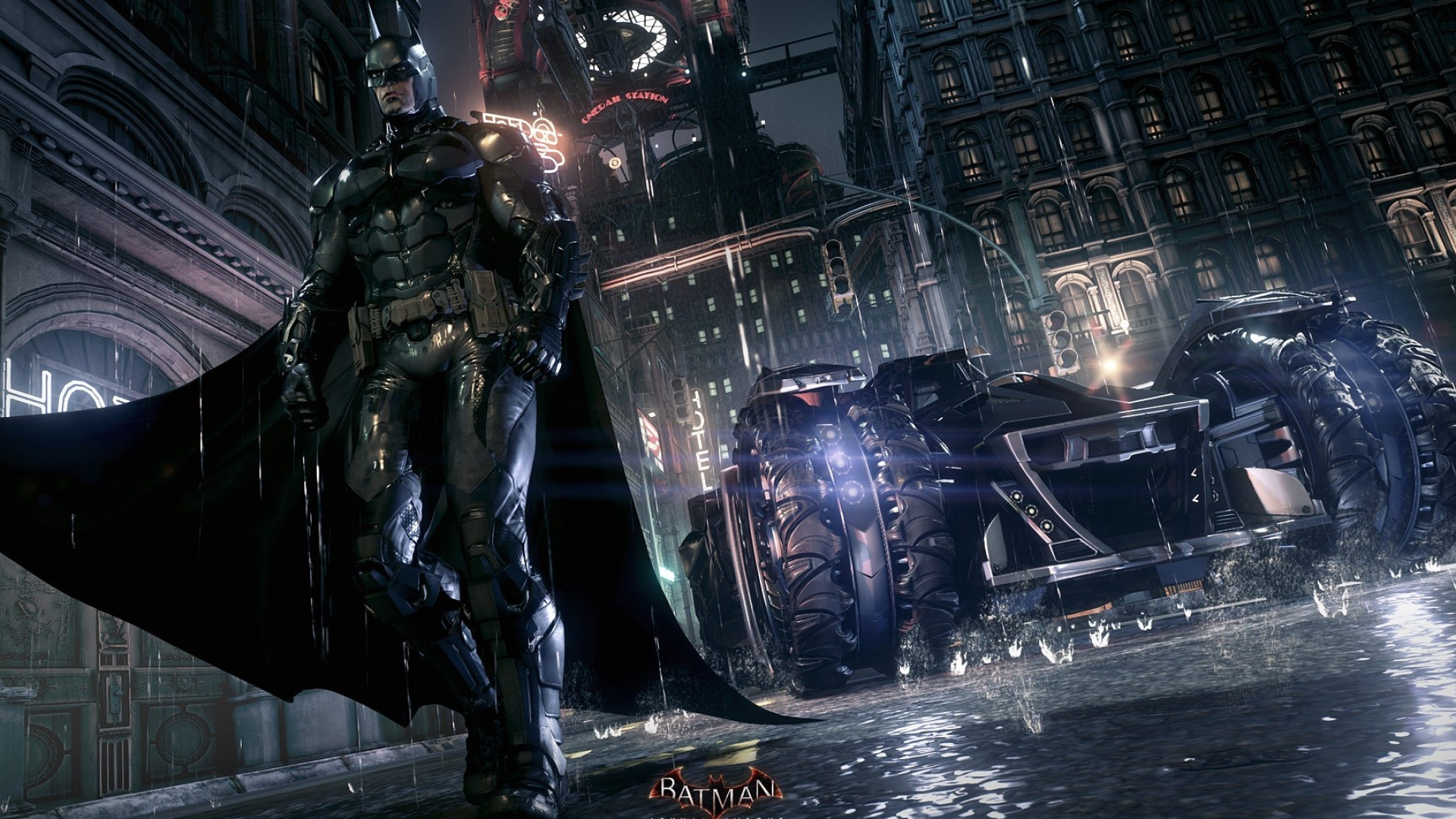 Arkham Knight Batman suit, Arkham Knight Batmobile, Rainy Gotham City street, Full HD Desktop wallpaper
