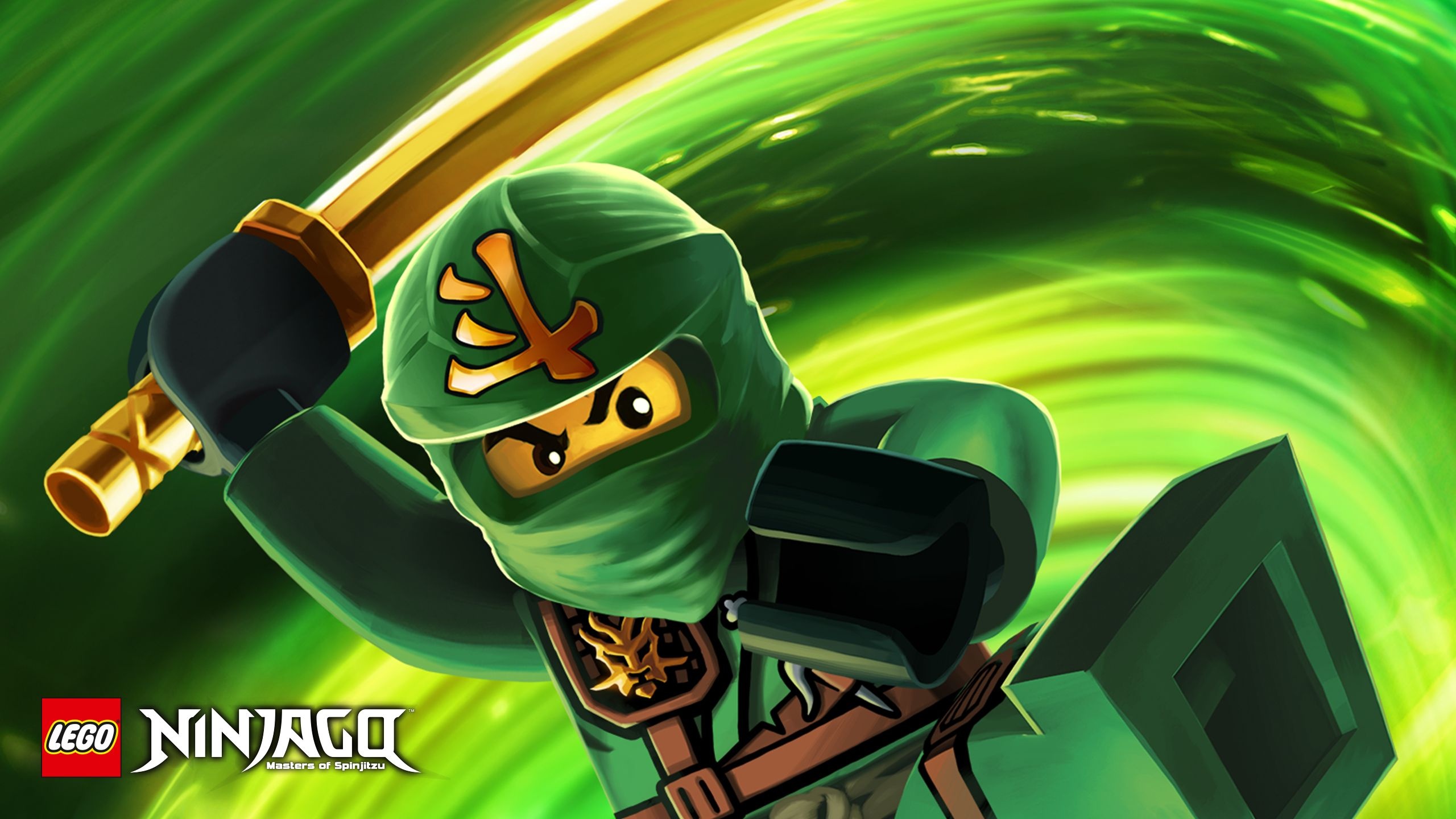 Lloyd the green ninja, Golden katana mid-swing, Ninjago: Masters of Spinjitzu logo, HD Desktop wallpaper