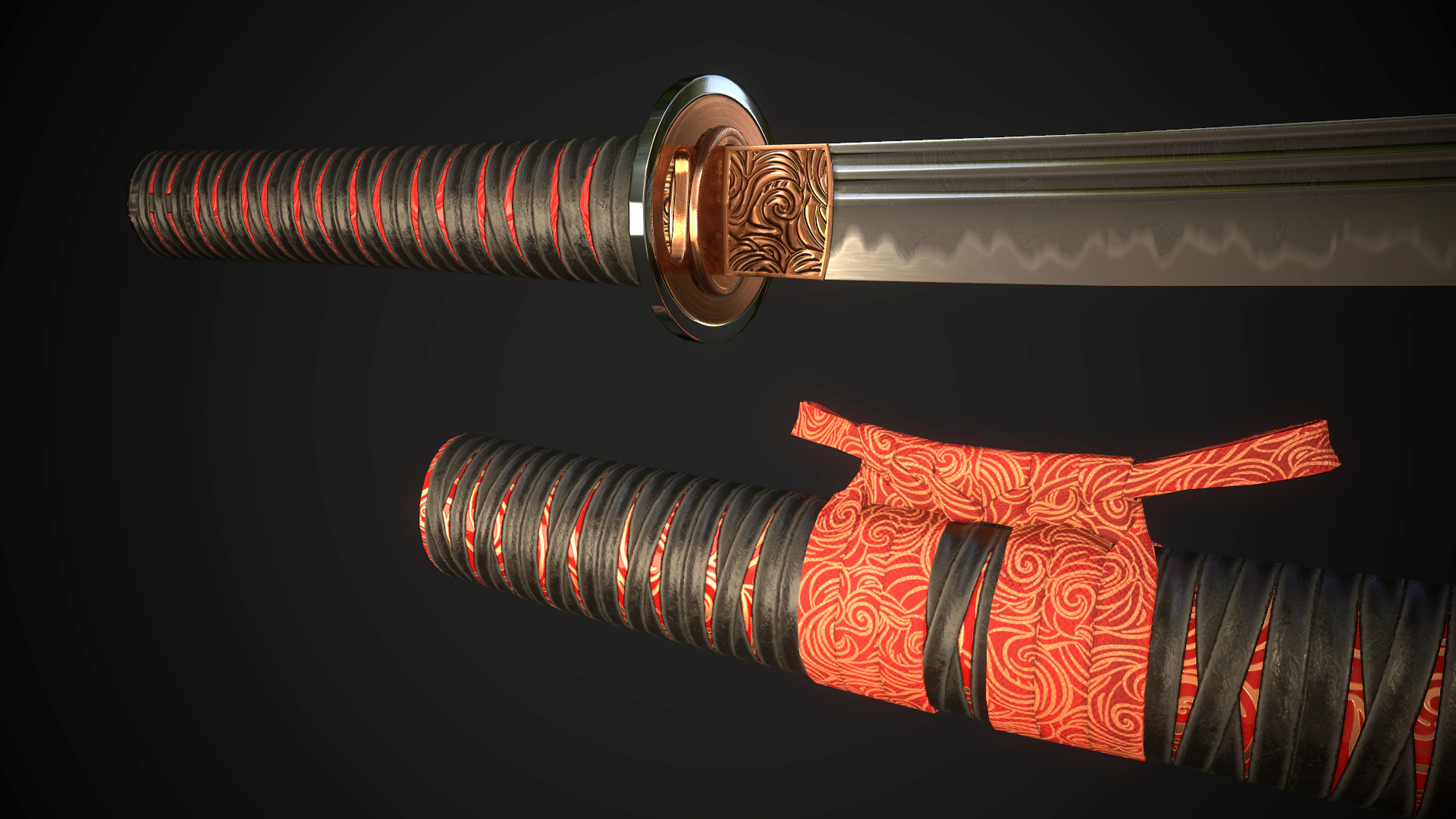 Japanese katana sword, Ornamental red saya scabbard, Engraved copper habaki, Full HD Desktop wallpaper
