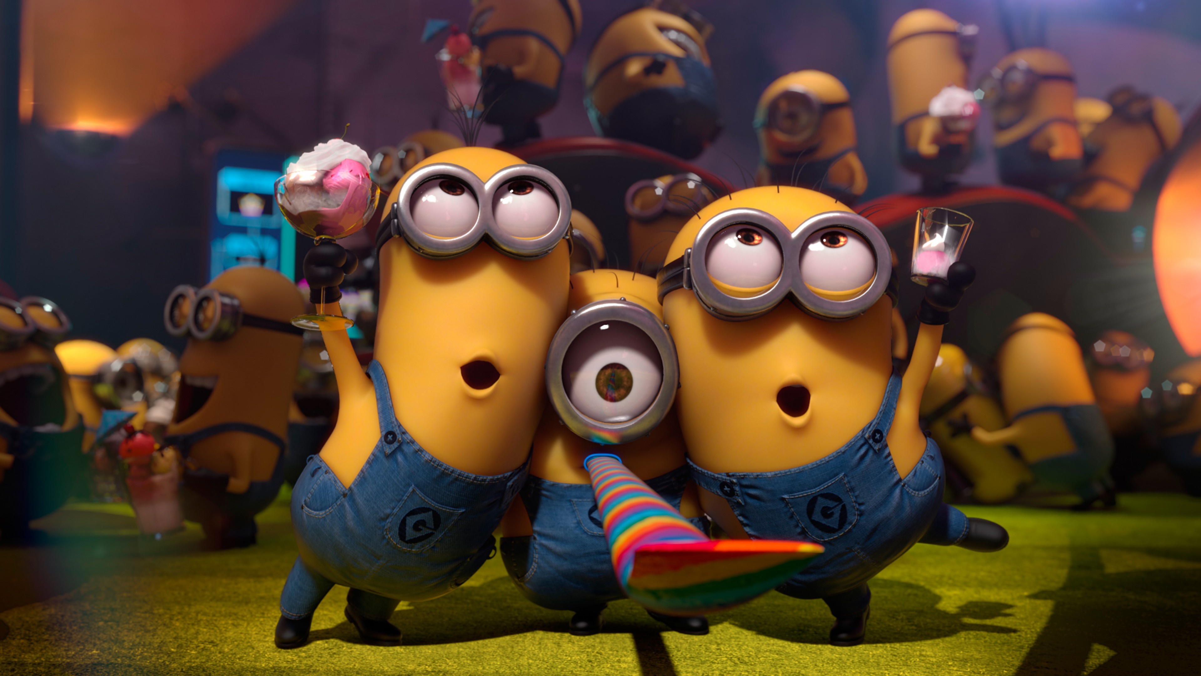 Minions, striped party horn, ice cream sundae, 4K Desktop wallpaper