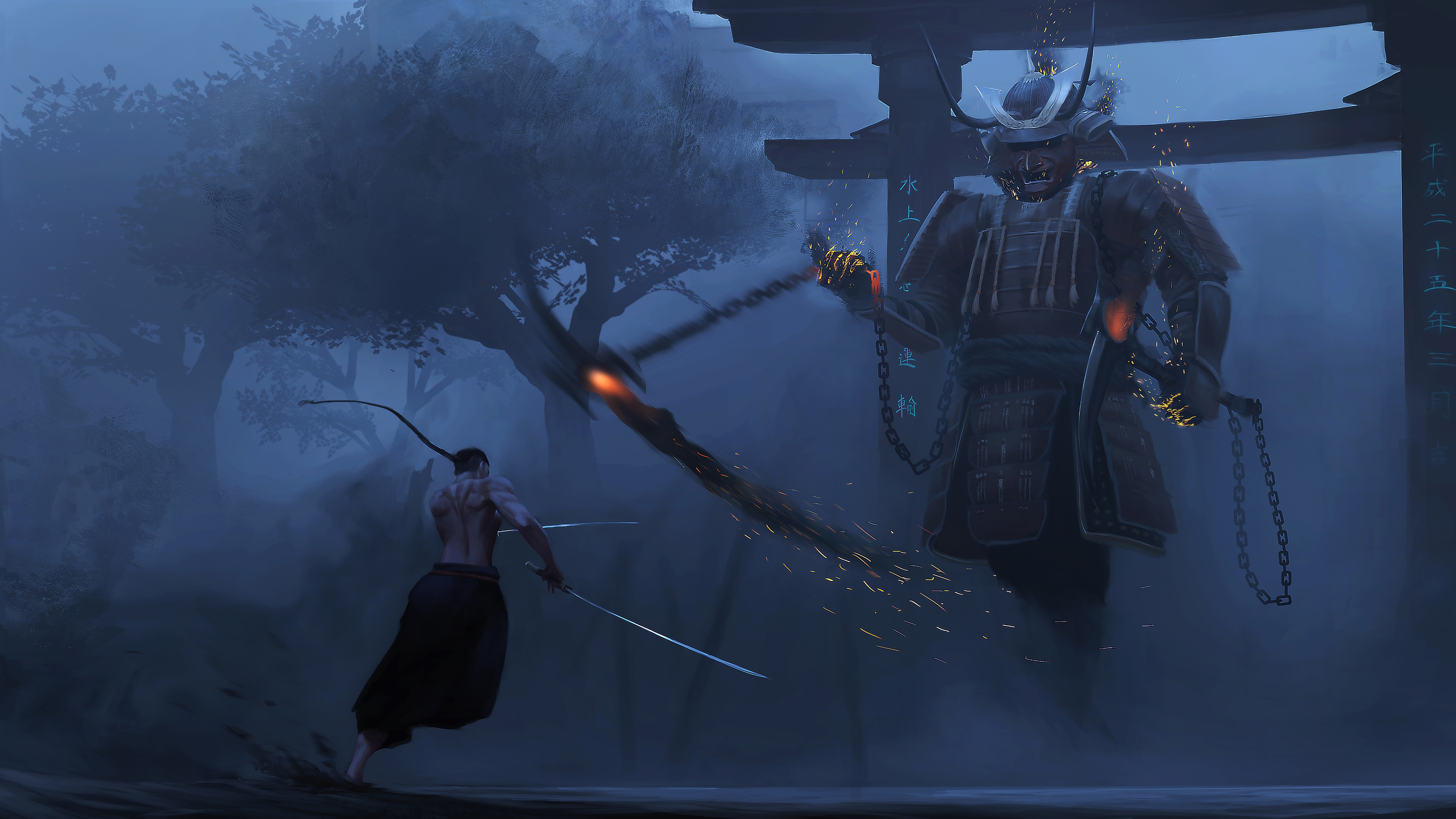 giant armored samurai, dual-wielding katana swordsman, misty Japanese torii gate, 4K Desktop wallpaper