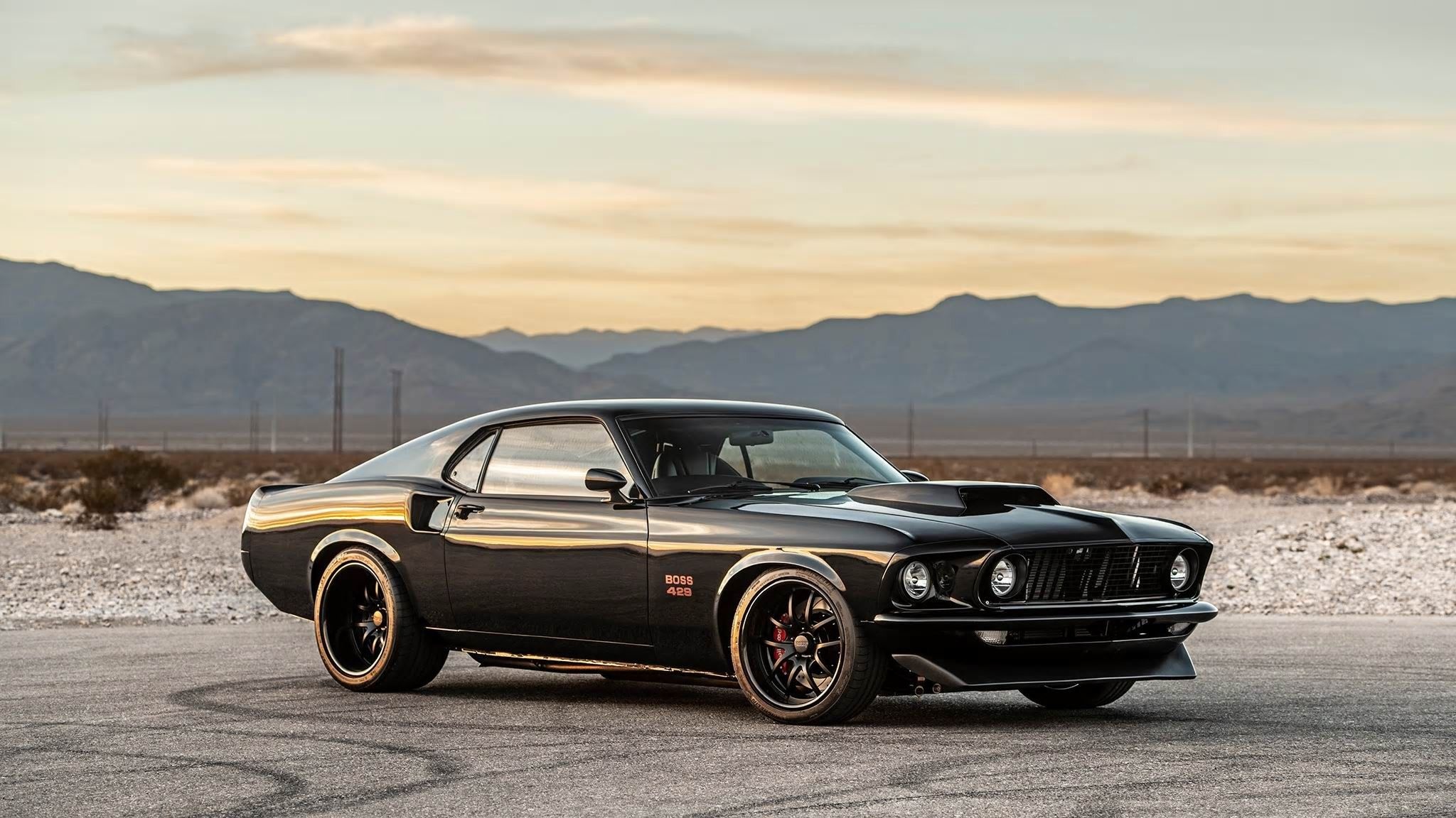 1969 Ford Mustang Boss 429, Desert mountain landscape, Prominent hood scoop, HD Desktop wallpaper