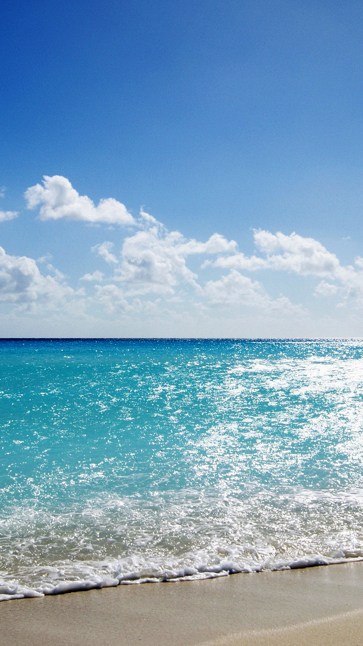 sparkling turquoise ocean, white sea foam shoreline, blue sky cumulus clouds, HD Phone wallpaper