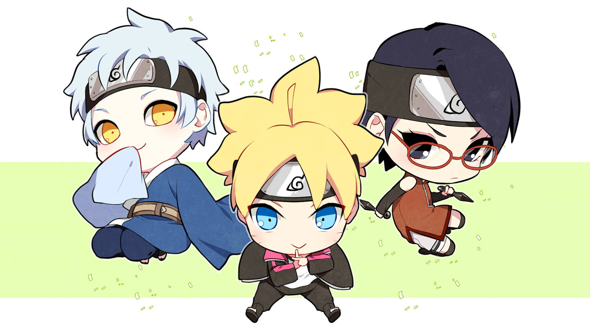 Boruto Uzumaki, Sarada Uchiha, Mitsuki, Chibi Team 7, Full HD Desktop wallpaper