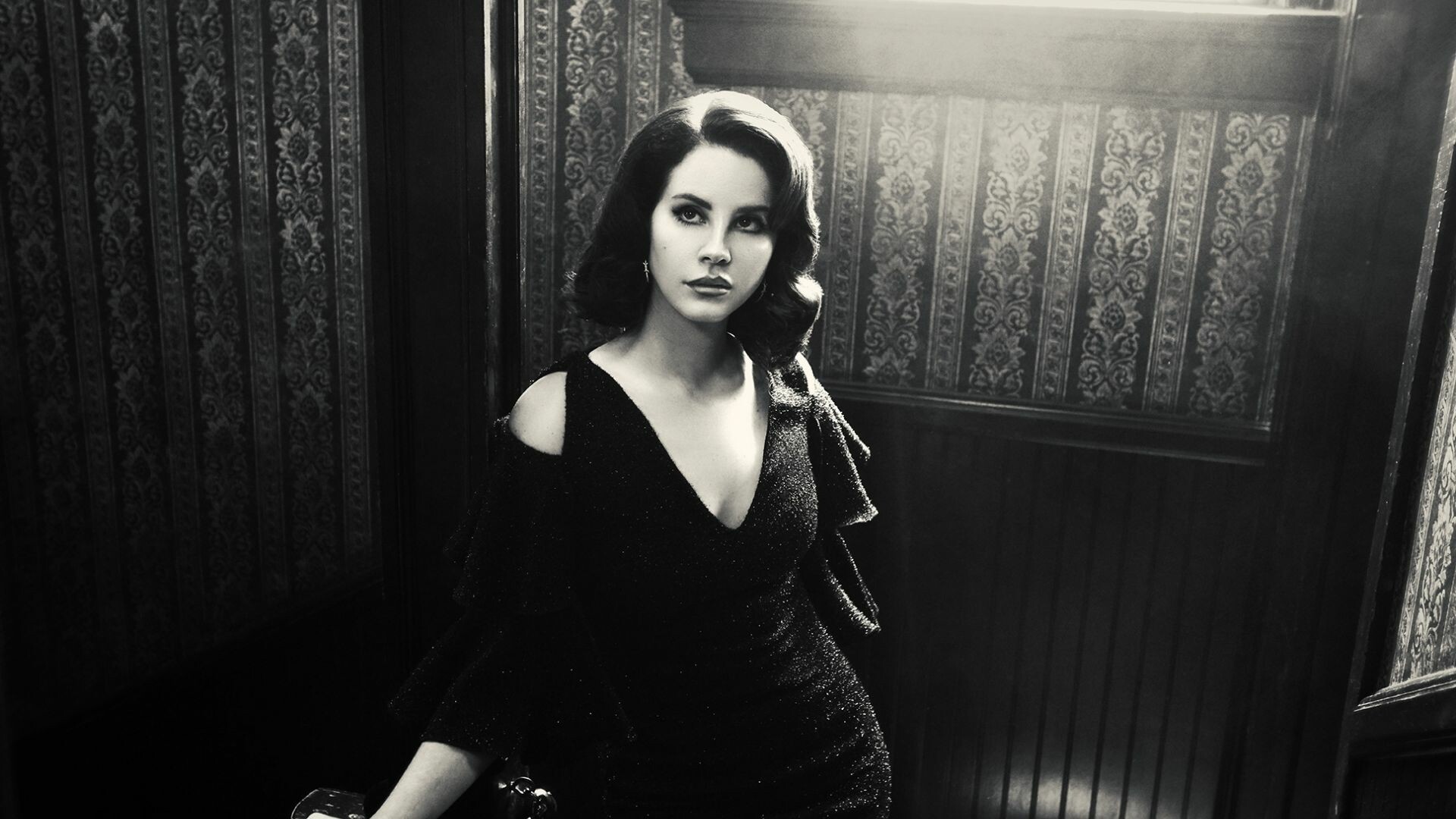 Lana Del Rey's black and white portraits, Sultry singer, Evocative wallpaper, Artistic imagery, 1920x1080 Full HD Desktop