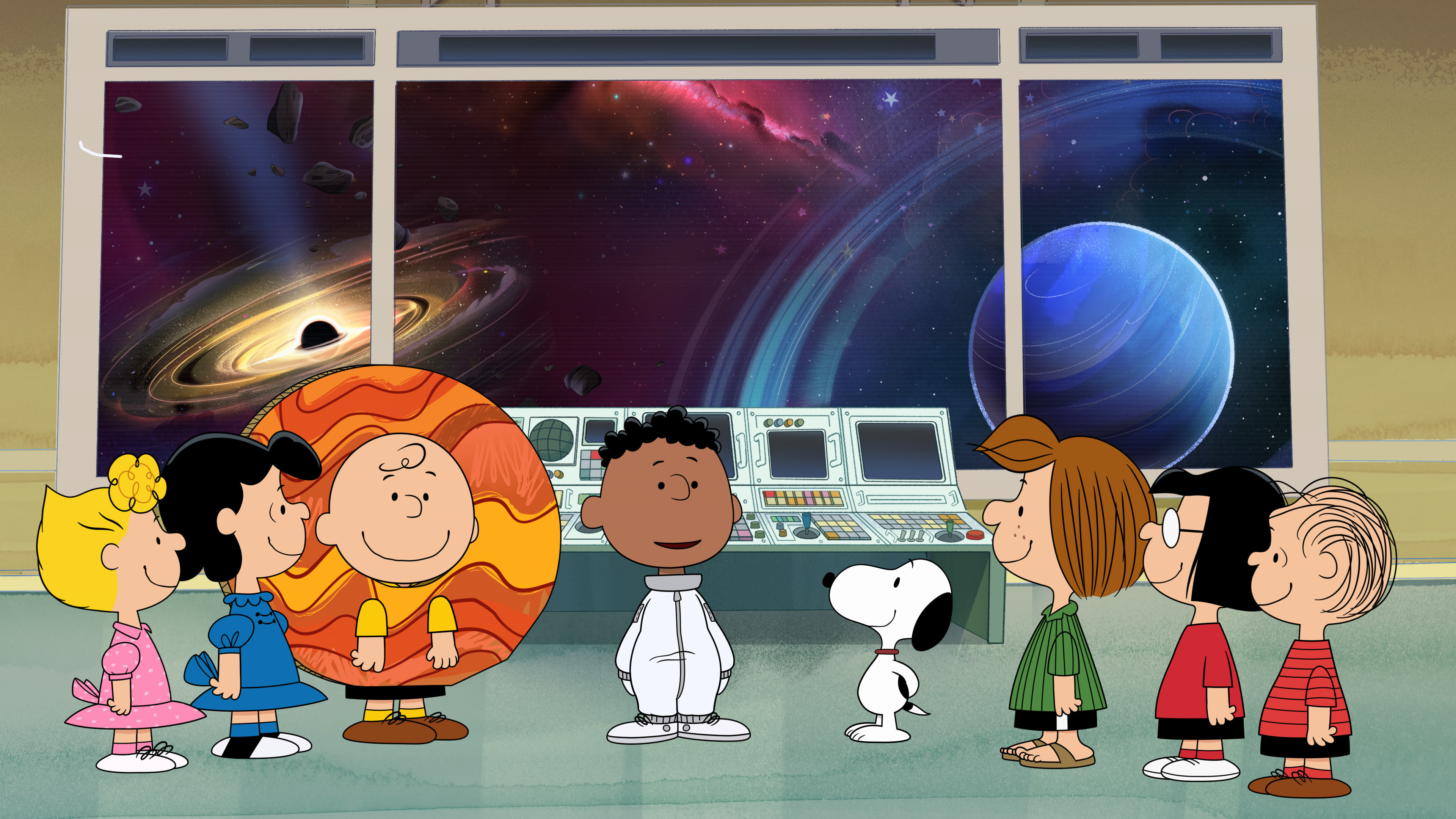 Snoopy in Space, Charlie Brown in Jupiter costume, Franklin in astronaut suit, Peanuts gang in space station, Black hole accretion disk, 4K Desktop wallpaper