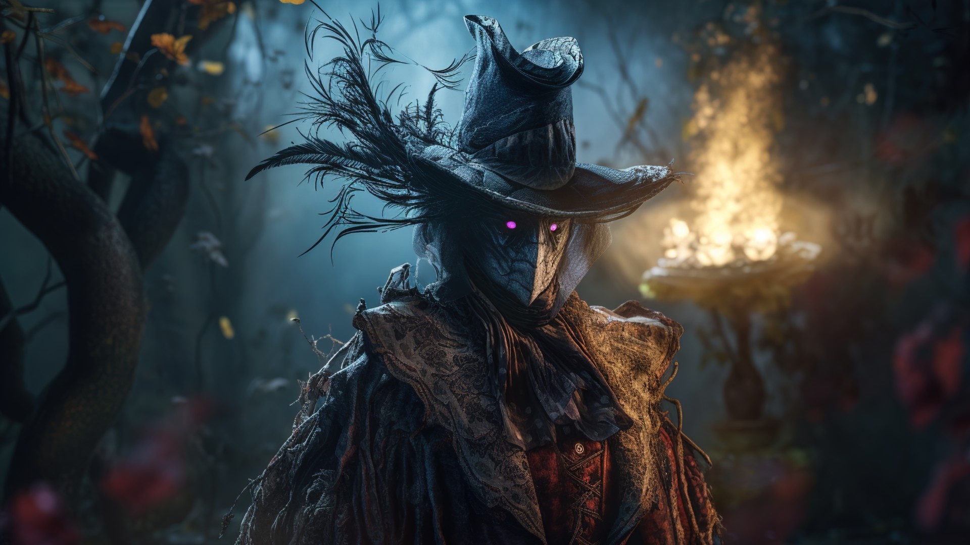 Eileen the Crow, Crowfeather Set, flaming brazier, Full HD Desktop wallpaper