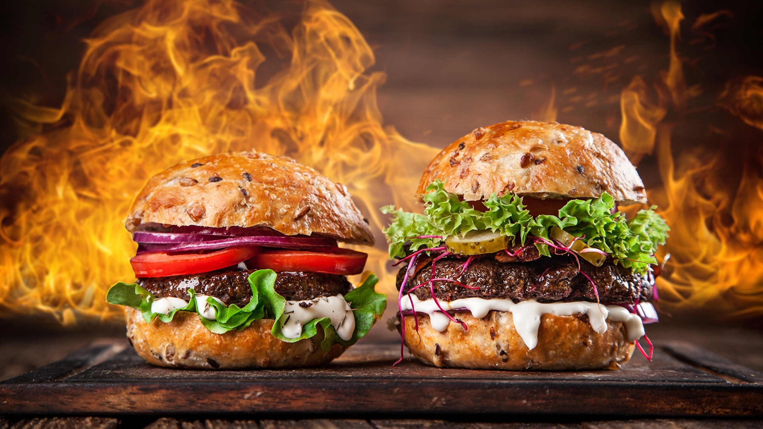 Hamburger wallpaper, Fast food flames, Hot and tasty, High-resolution, 2560x1440 HD Desktop