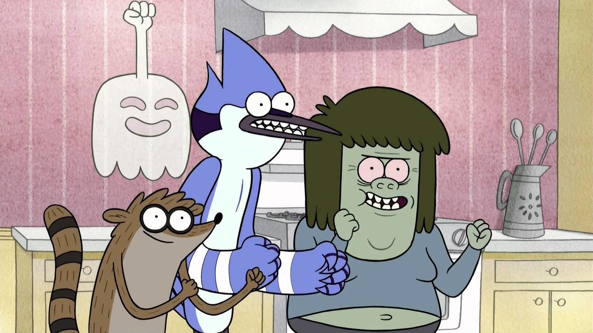 Muscle Man celebrating, Mordecai grinning, Rigby raccoon, Hi Five Ghost on the wall, Regular Show, Full HD Desktop wallpaper