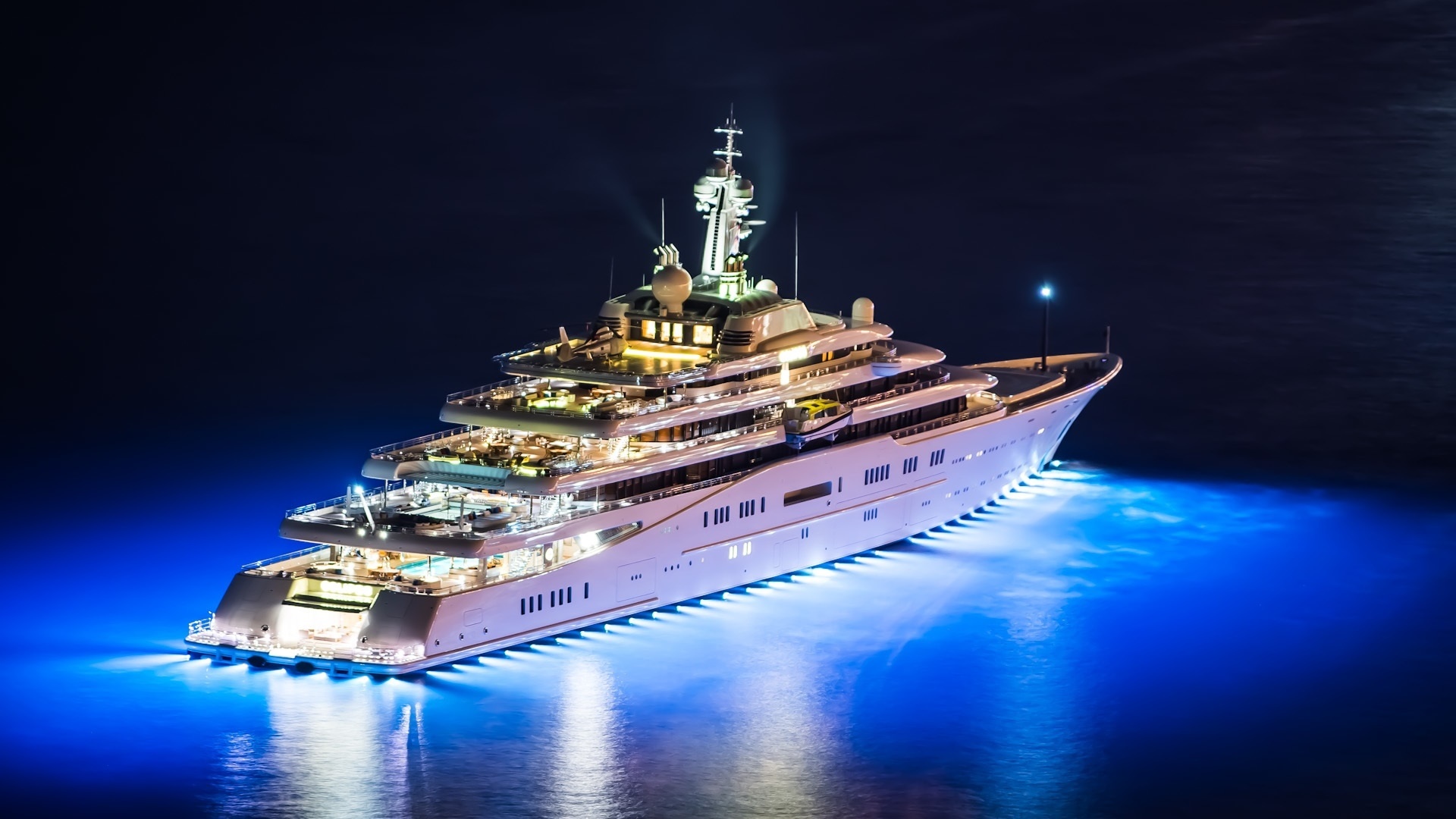 Mega yacht, Night lights, Oceanside beauty, Scenic wallpapers, 1920x1080 Full HD Desktop