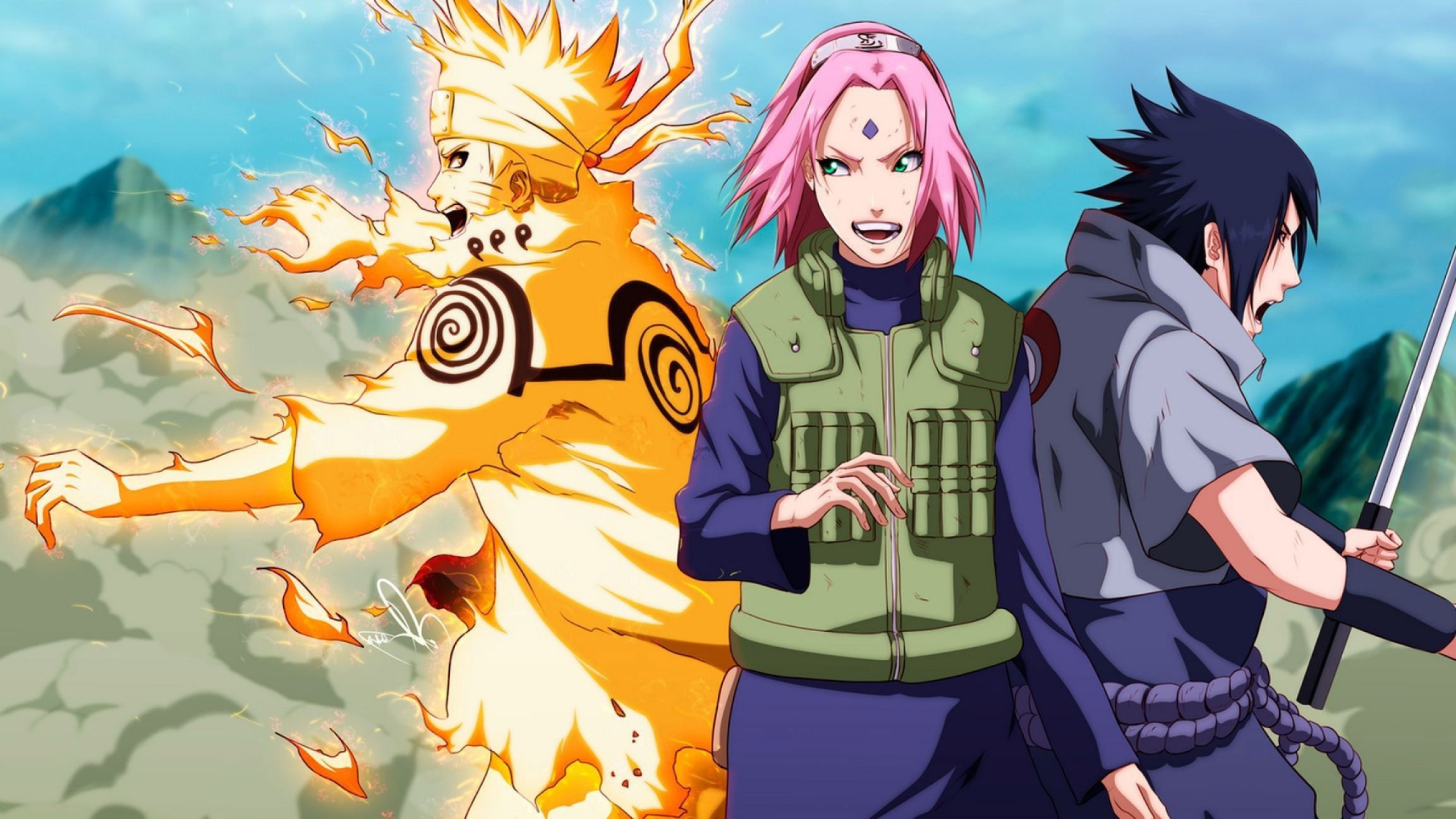 Naruto Uzumaki Kurama Mode, Sakura Haruno, Sasuke Uchiha, HD Desktop wallpaper