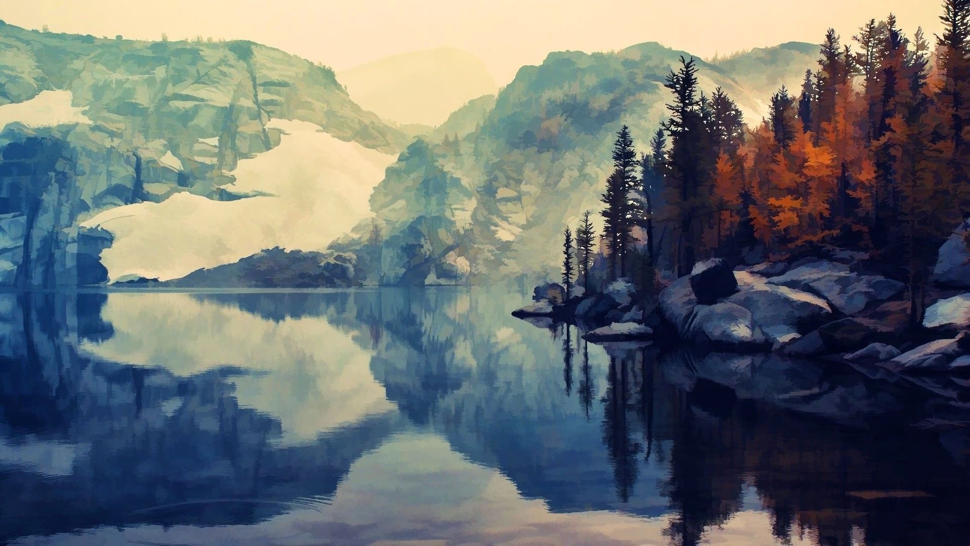 nature, Artwork, Lake, Hill, Reflection 1920x1080