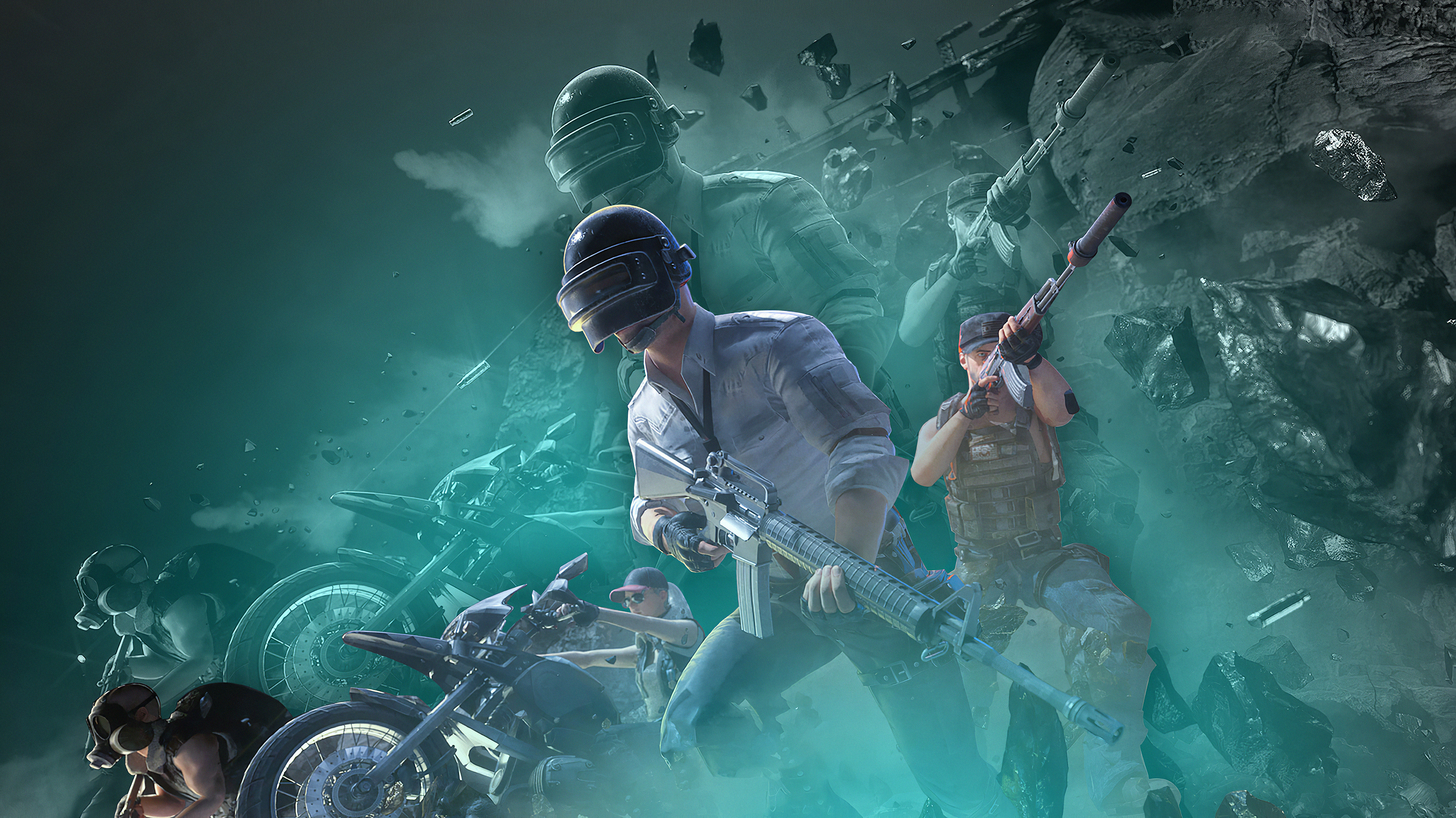 PUBG Mobile Lone Survivor, Level 3 helmet, M16A4 assault rifle, dirt bike motorcycle, 4K Desktop wallpaper