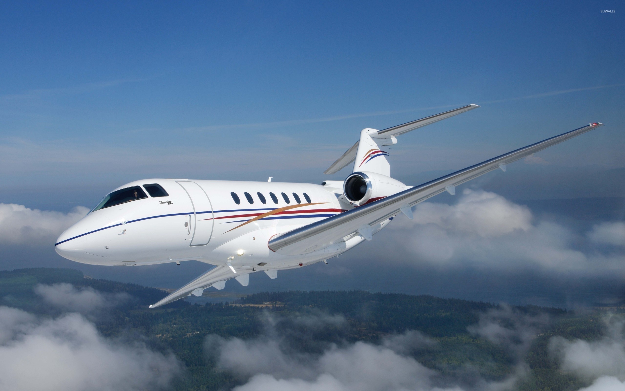 Hawker 4000 business jet, Forested landscape below clouds, Clear blue daytime sky, HD Desktop wallpaper