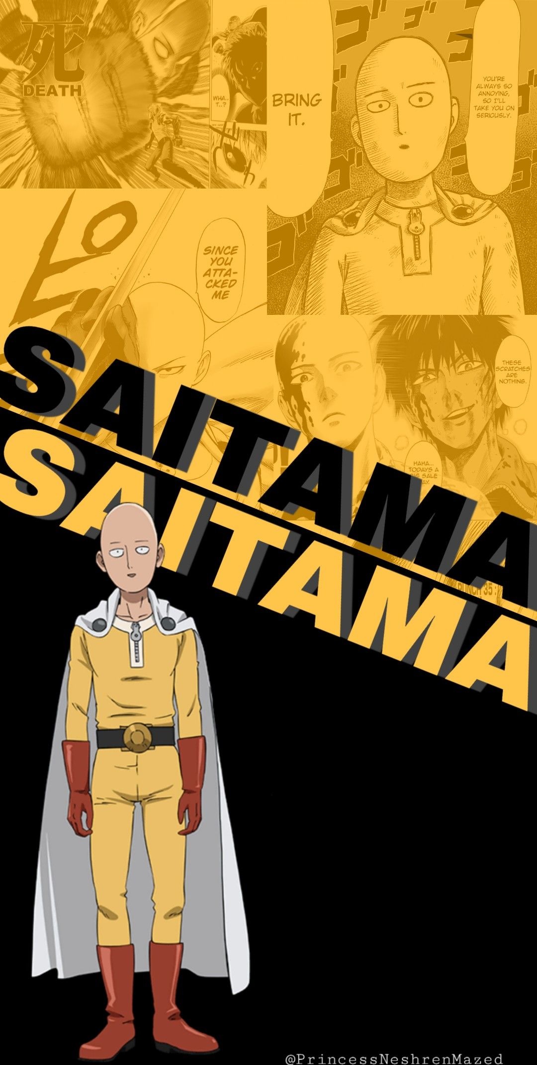 Saitama, One-Punch Man manga panels, Saitama superhero suit, Yellow manga collage, HD Phone wallpaper