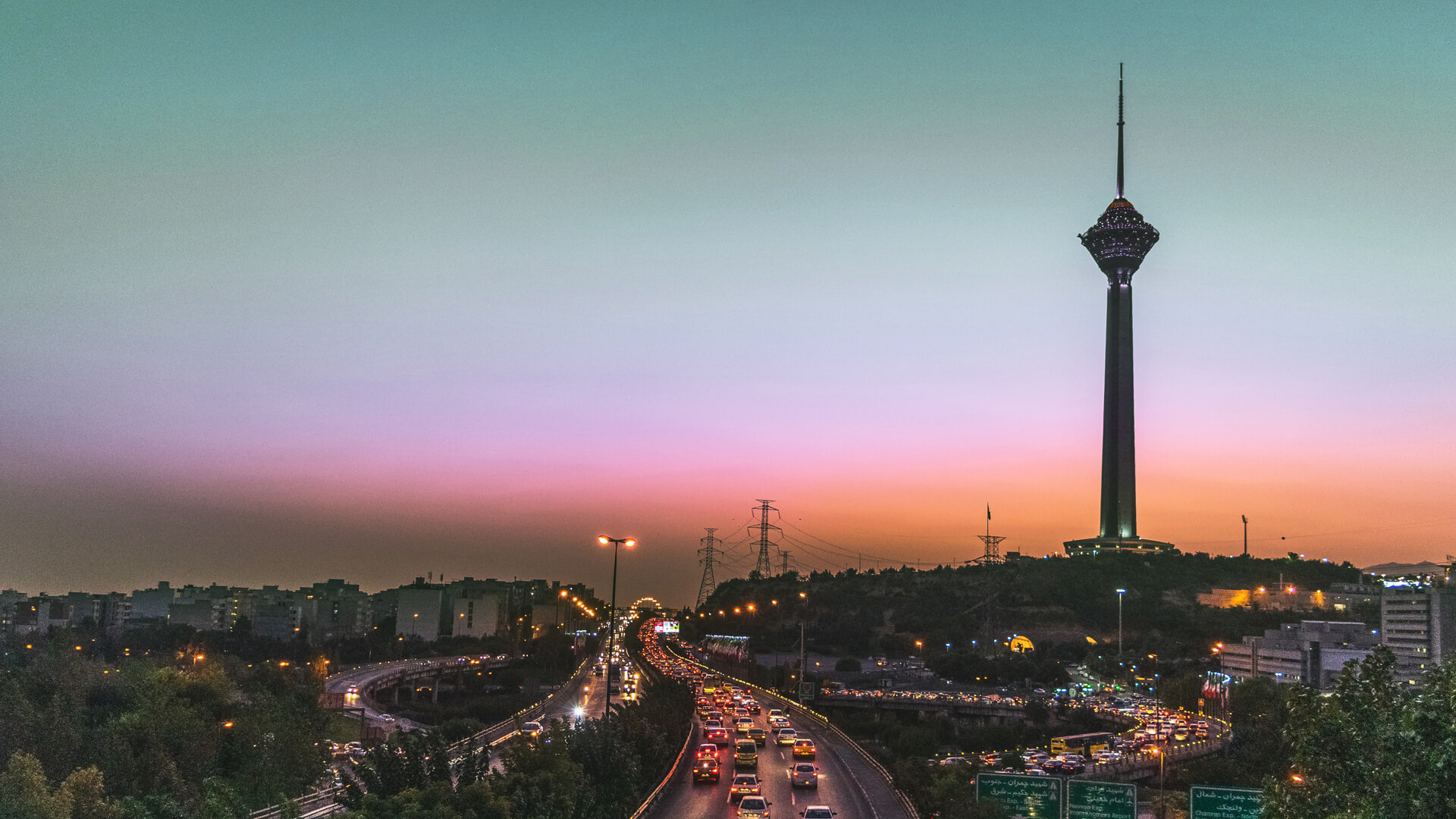 Milad Tower, Chamran Expressway traffic, dusk gradient sky, Full HD Desktop wallpaper