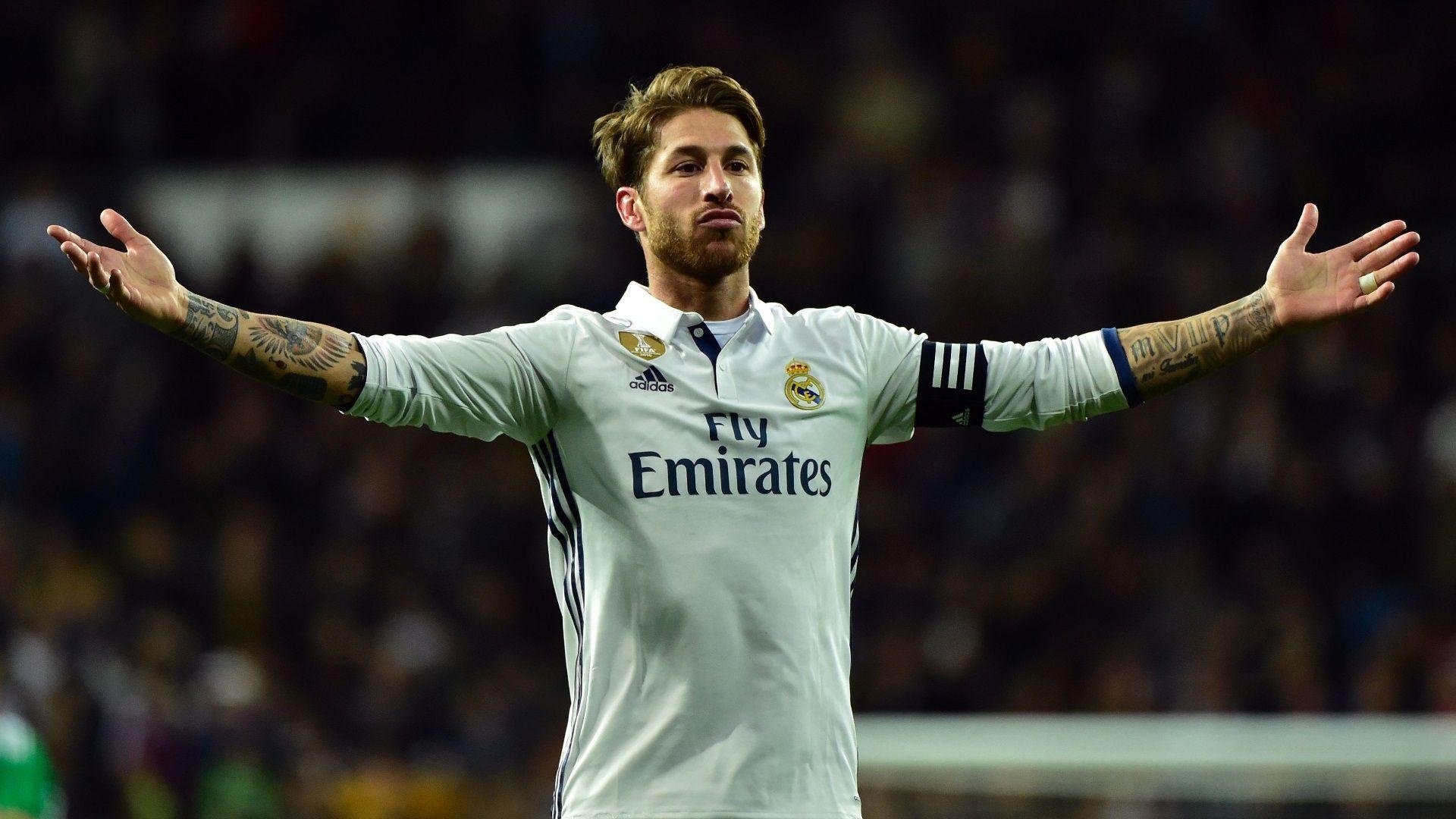 Sergio Ramos, Real Madrid kit, Fly Emirates, Full HD Desktop wallpaper