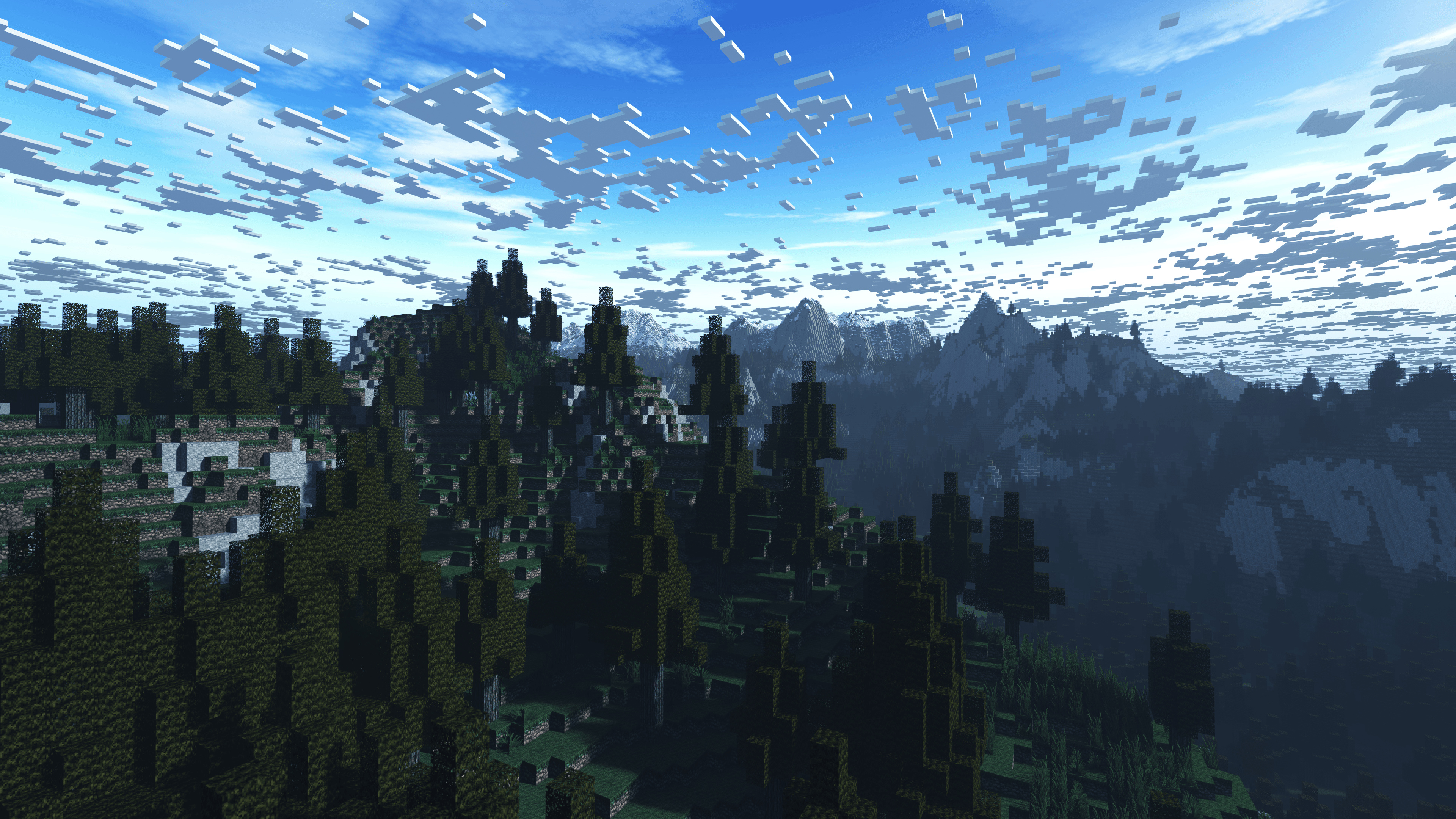 Minecraft taiga forest, pixelated voxel clouds, distant snowy mountain biome, 4K Desktop wallpaper