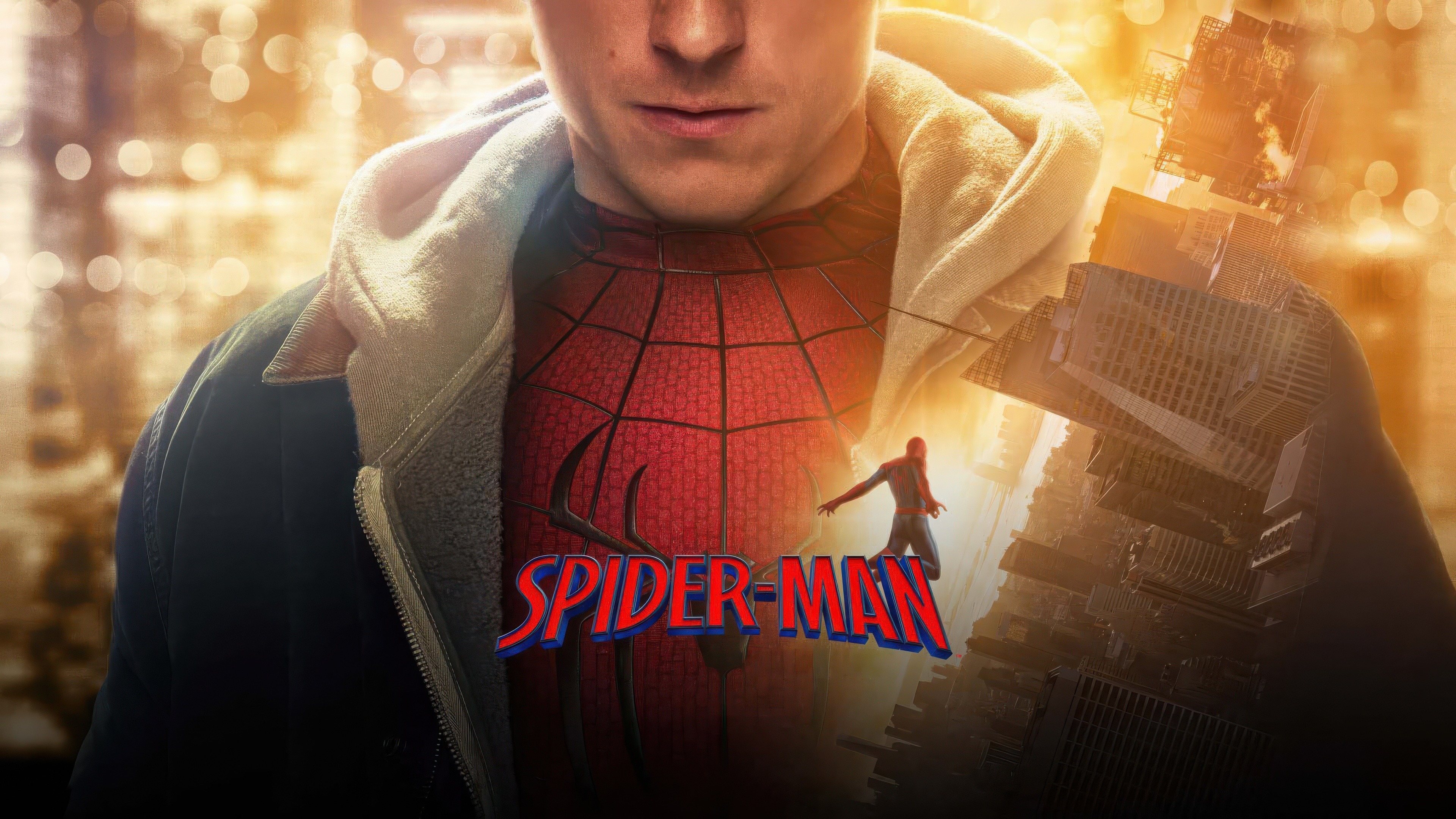 Red webbed suit, Tilted cityscape composite, 4K Desktop wallpaper
