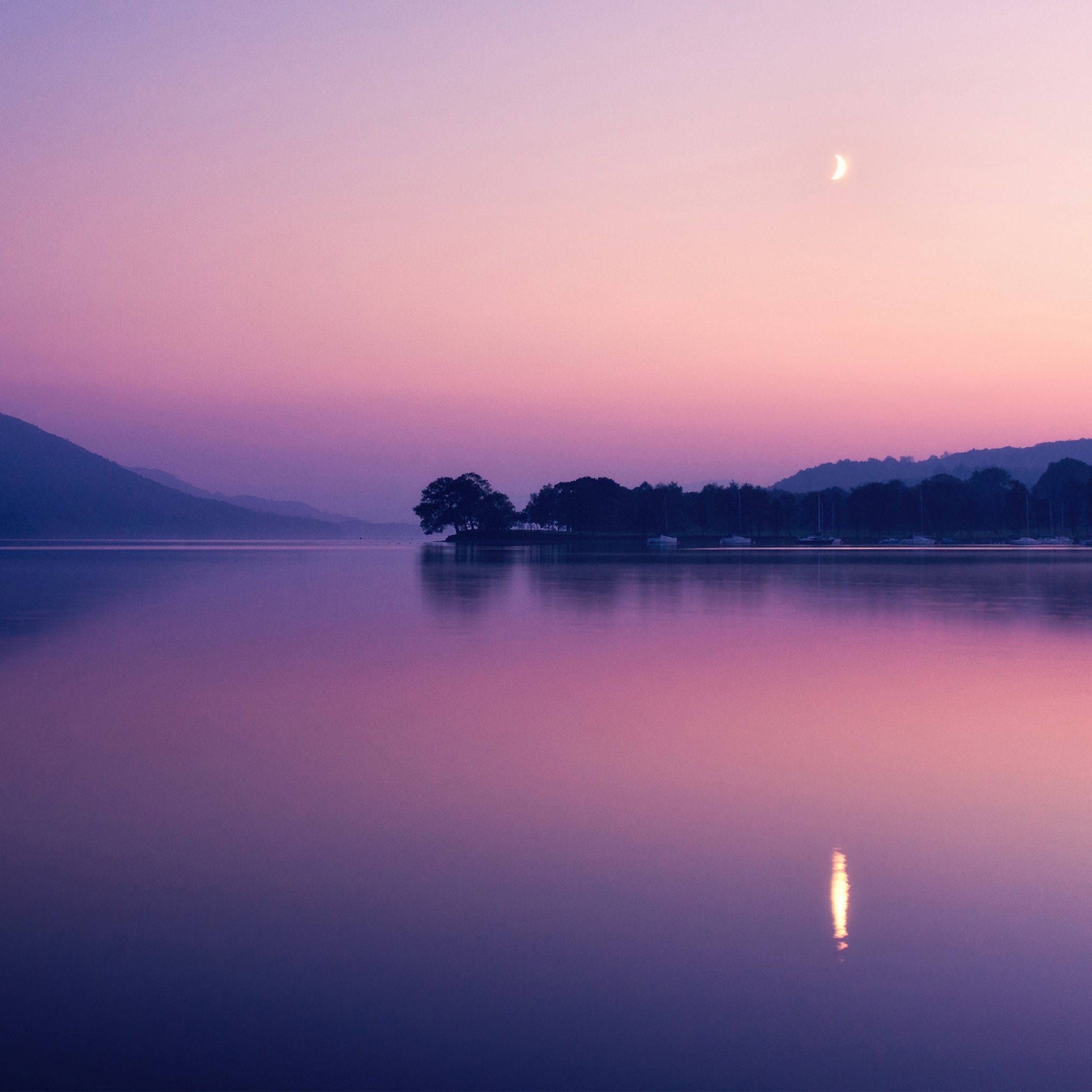 crescent moon reflection, calm lake at twilight, purple twilight sky, HD Phone wallpaper