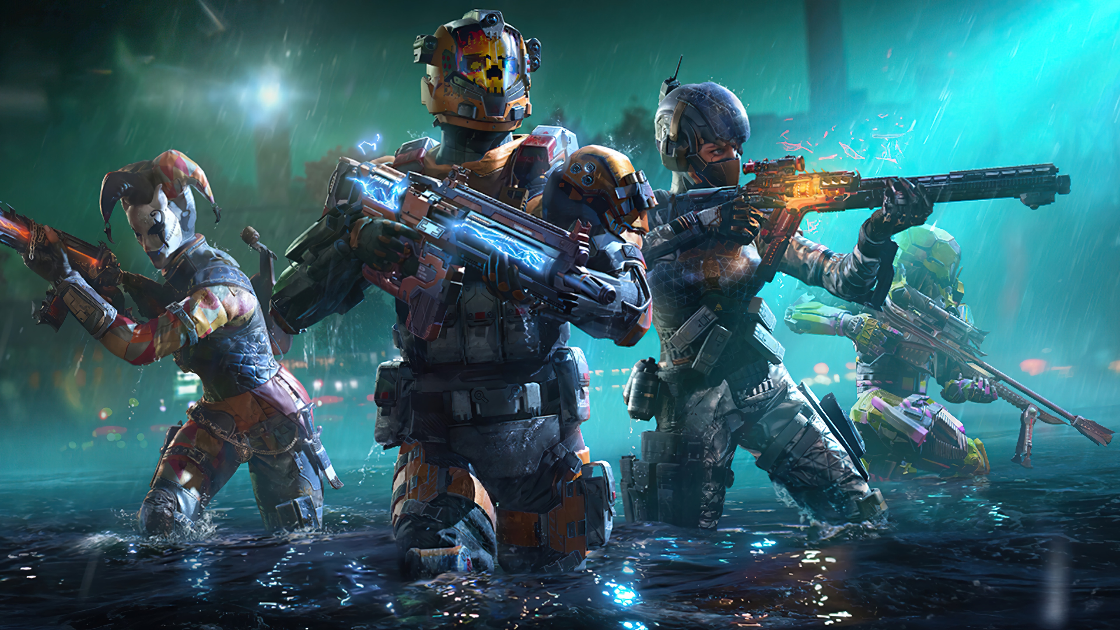 Call of Duty: Mobile, armored combat squad, glowing futuristic firearm, jester masked soldier, 4K Desktop wallpaper