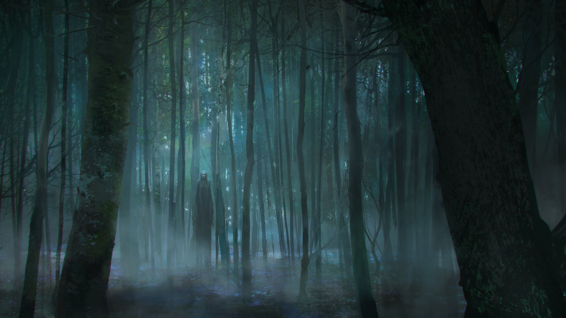 hooded shadowy phantom, dark misty forest, low-lying ground fog, Full HD Desktop wallpaper